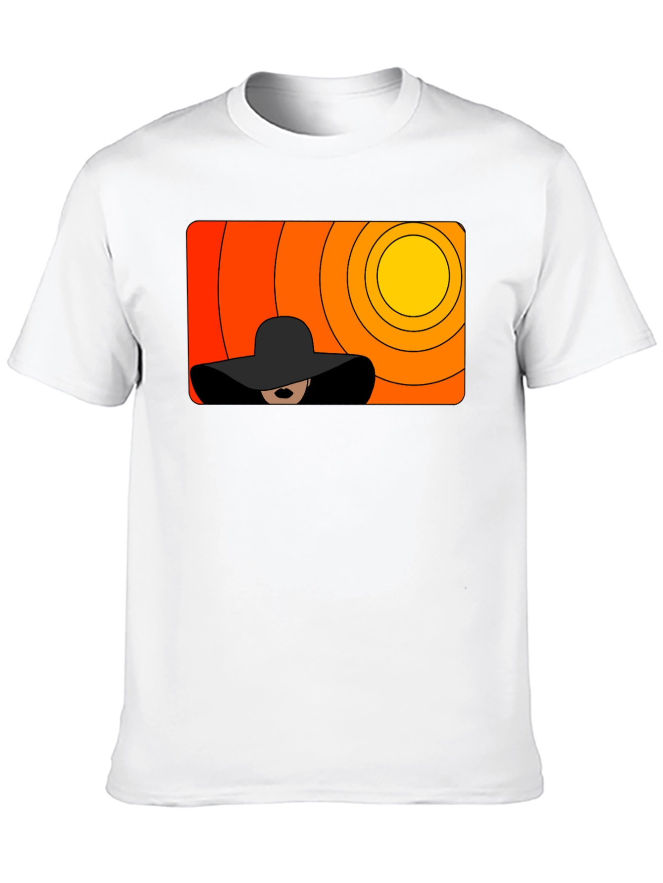 Camiseta Negra con Diseño Abstracto de Sol y Mujer
