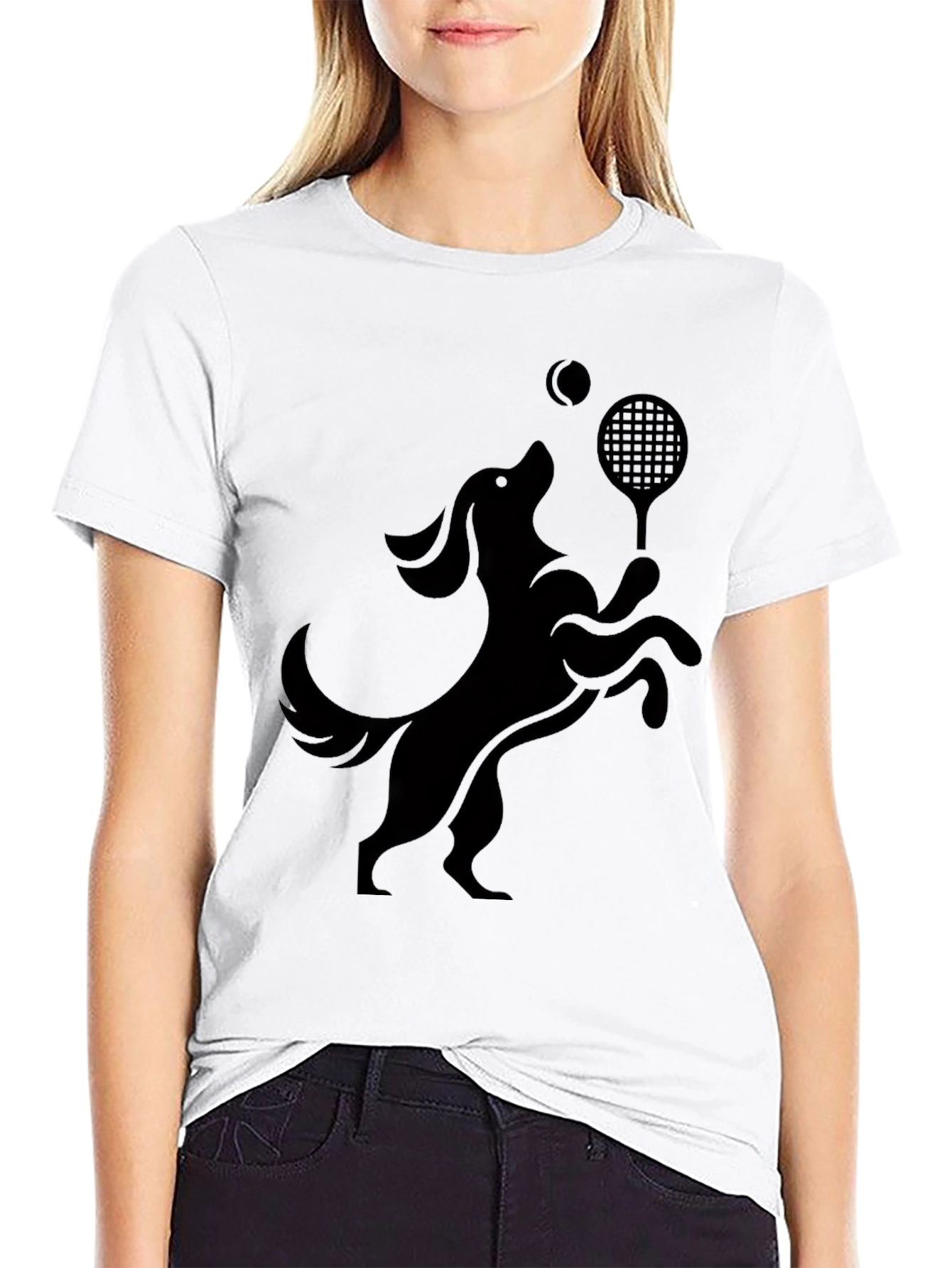 Camiseta Negra Perro Jugando Tenis