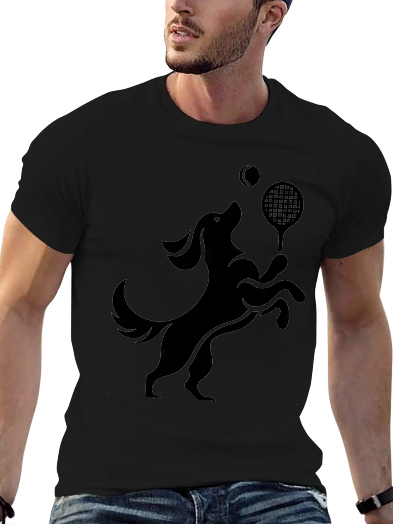 Camiseta Negra Perro Jugando Tenis