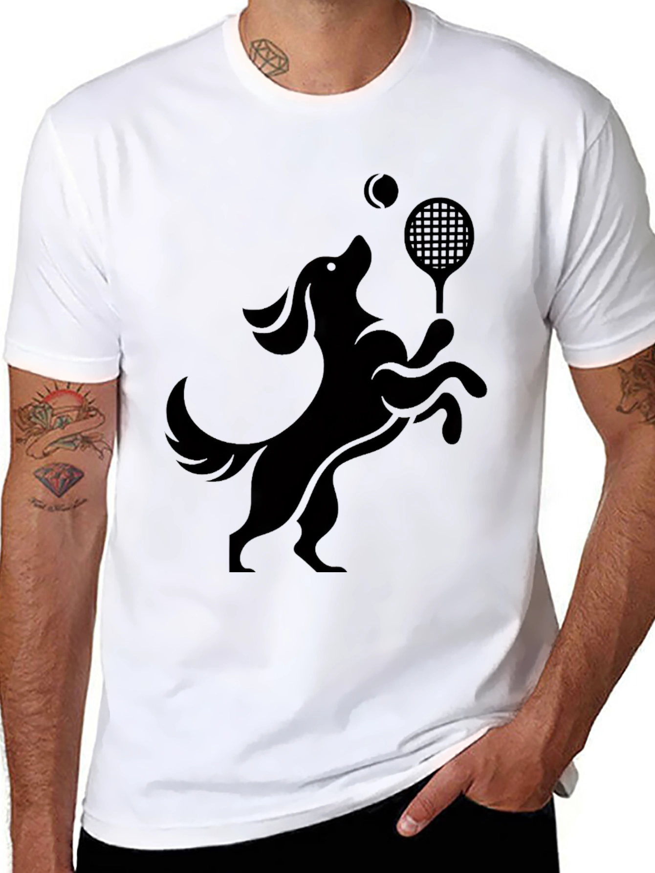 Camiseta Negra Perro Jugando Tenis