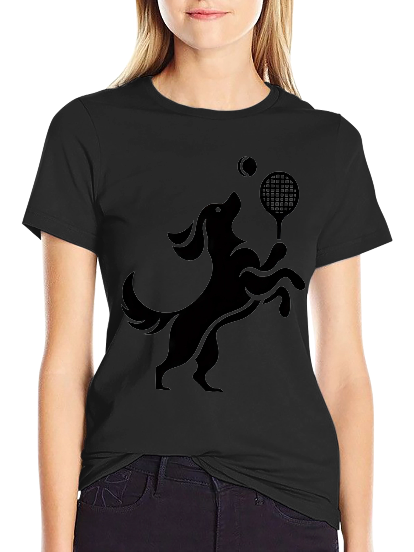 Camiseta Negra Perro Jugando Tenis
