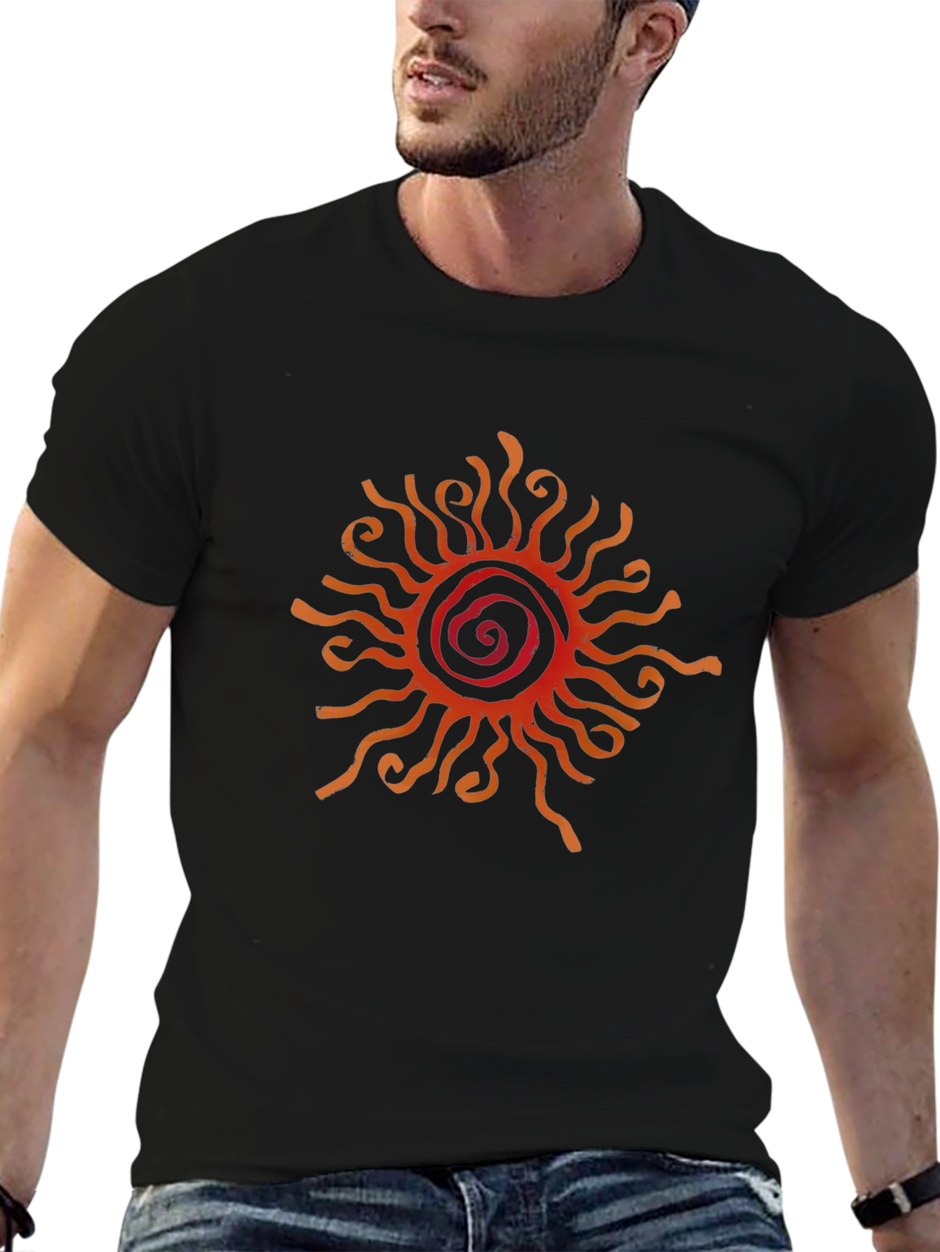 Camiseta Negra con Diseño de Sol Abstracto