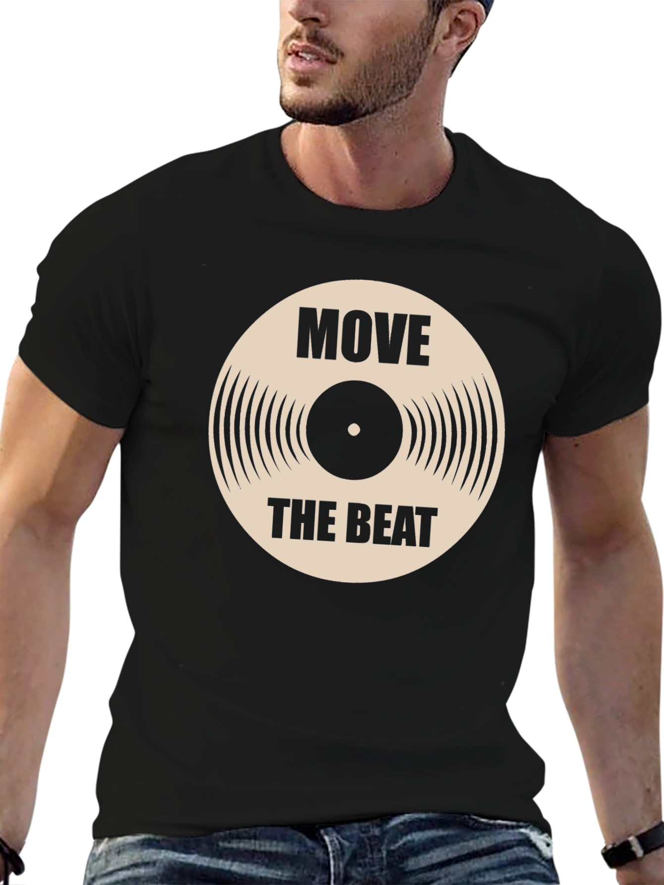 Camiseta Negra con Diseño de Vinilo Move The Beat
