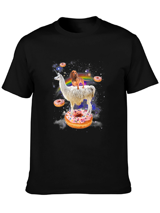 Camiseta Negra con Llama Unicornio Perro y Donuts