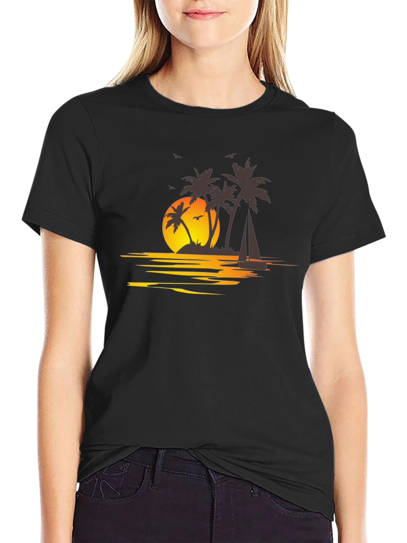 Camiseta Negra con Estampado Tropical al Atardecer