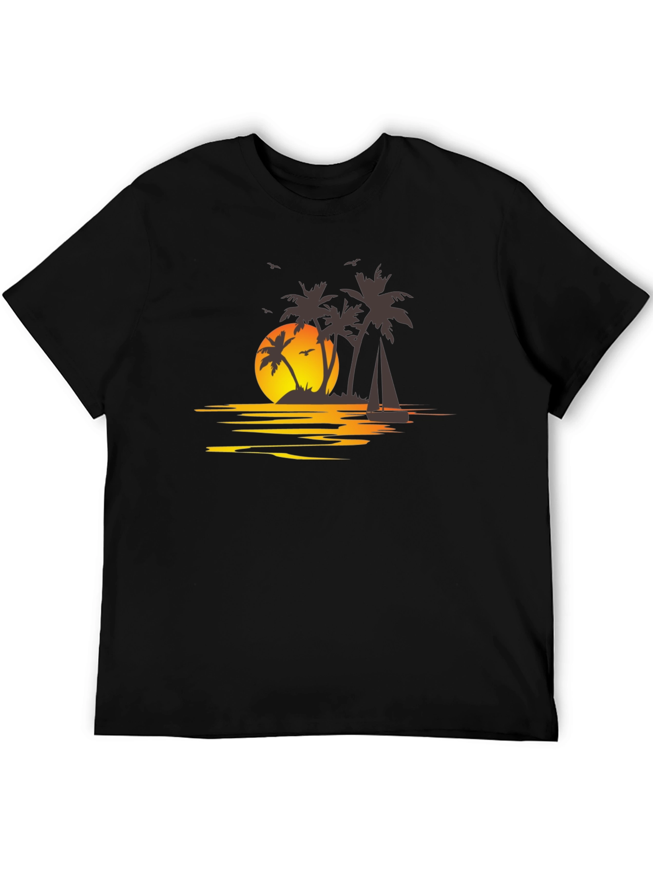 Camiseta Negra con Estampado Tropical al Atardecer