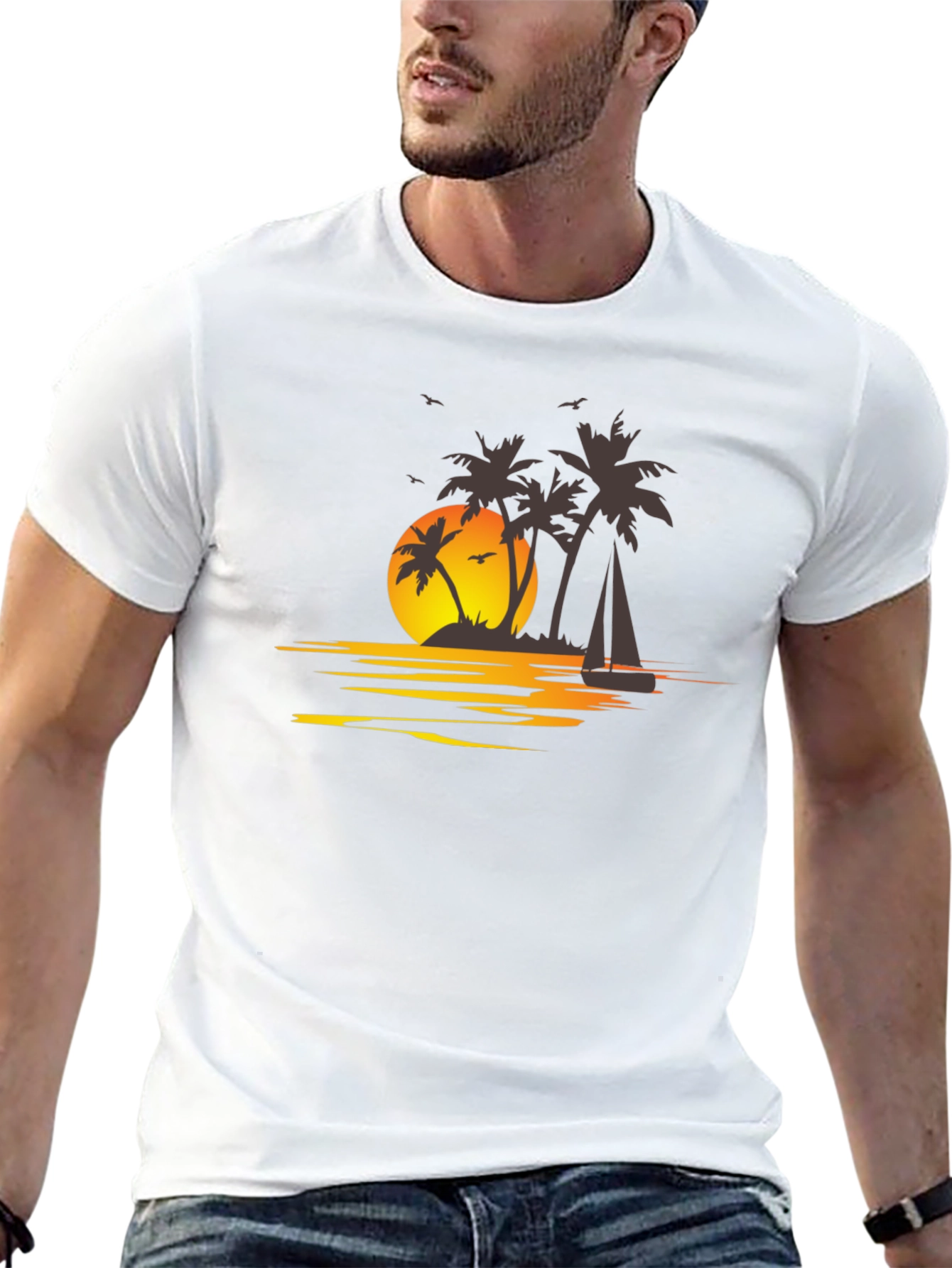 Camiseta Negra con Estampado Tropical al Atardecer
