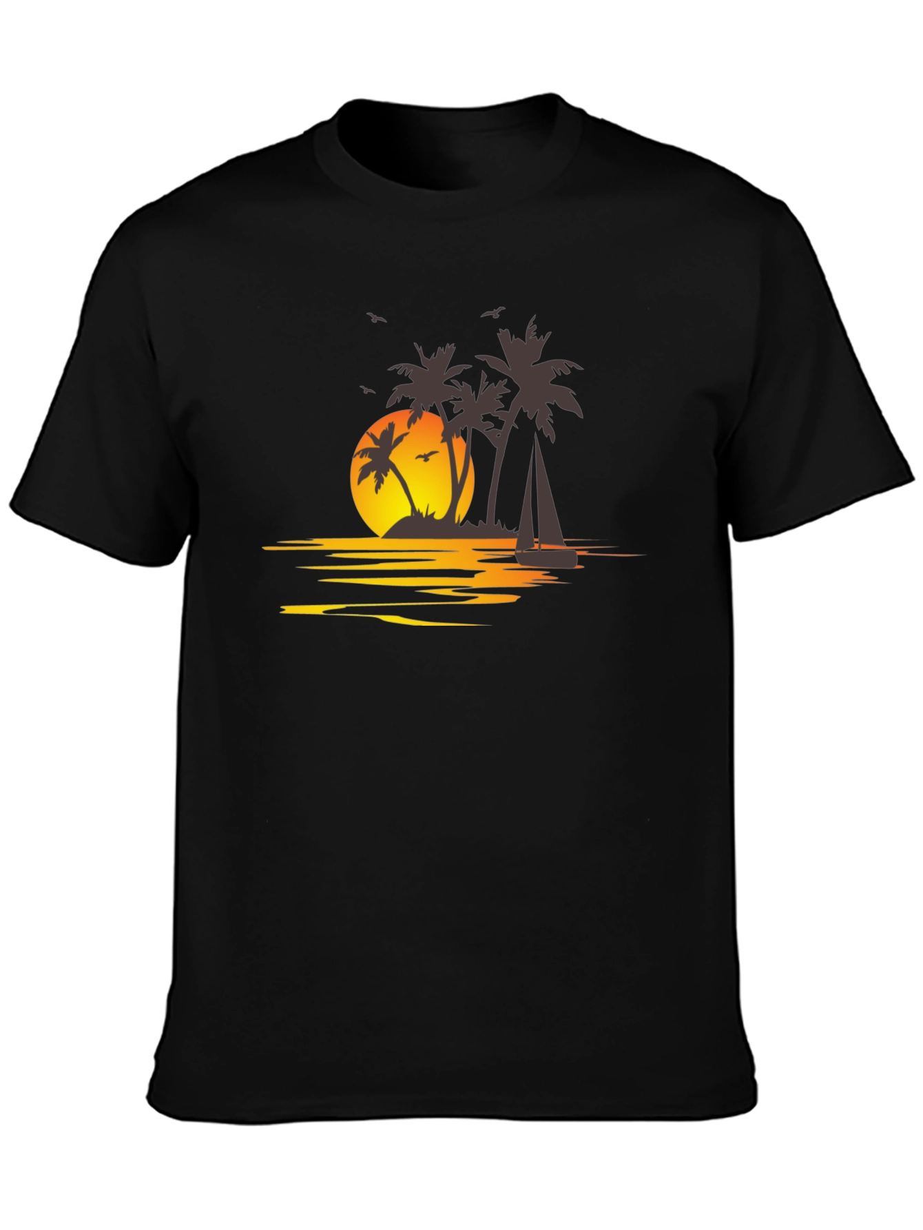 Camiseta Negra con Estampado Tropical al Atardecer