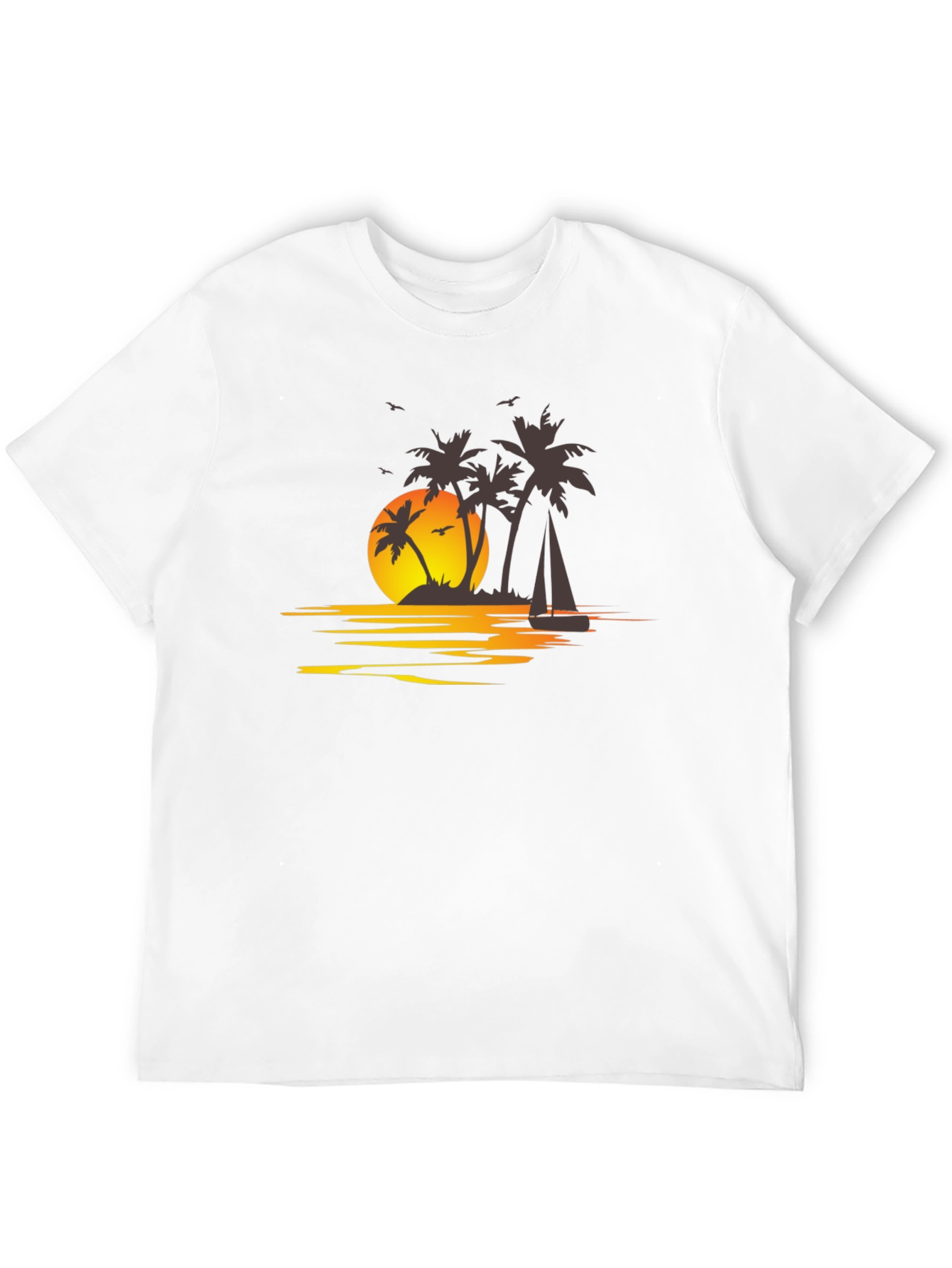 Camiseta Negra con Estampado Tropical al Atardecer