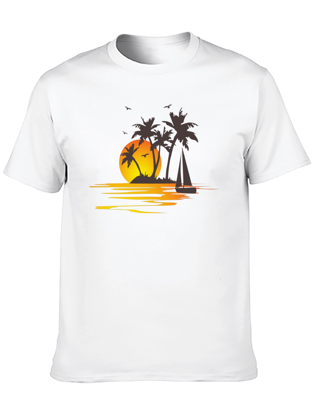 Camiseta Negra con Estampado Tropical al Atardecer