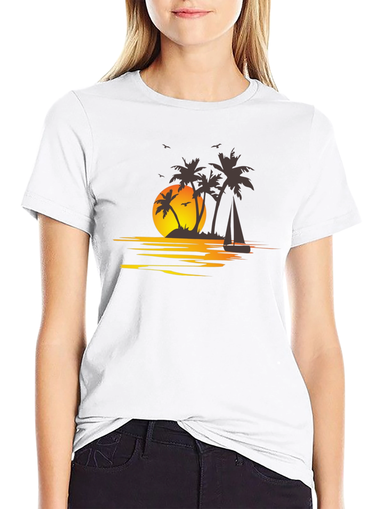 Camiseta Negra con Estampado Tropical al Atardecer