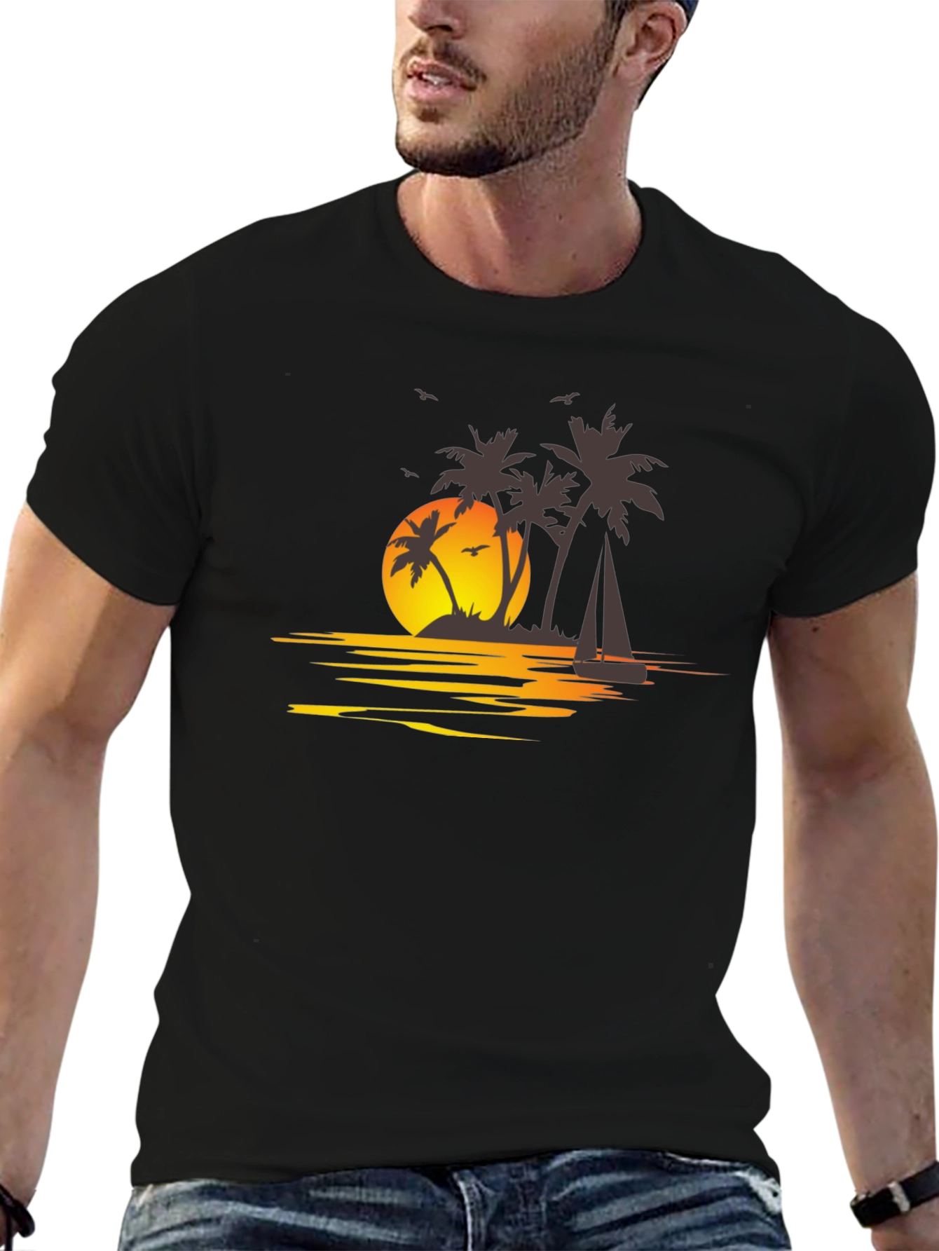 Camiseta Negra con Estampado Tropical al Atardecer