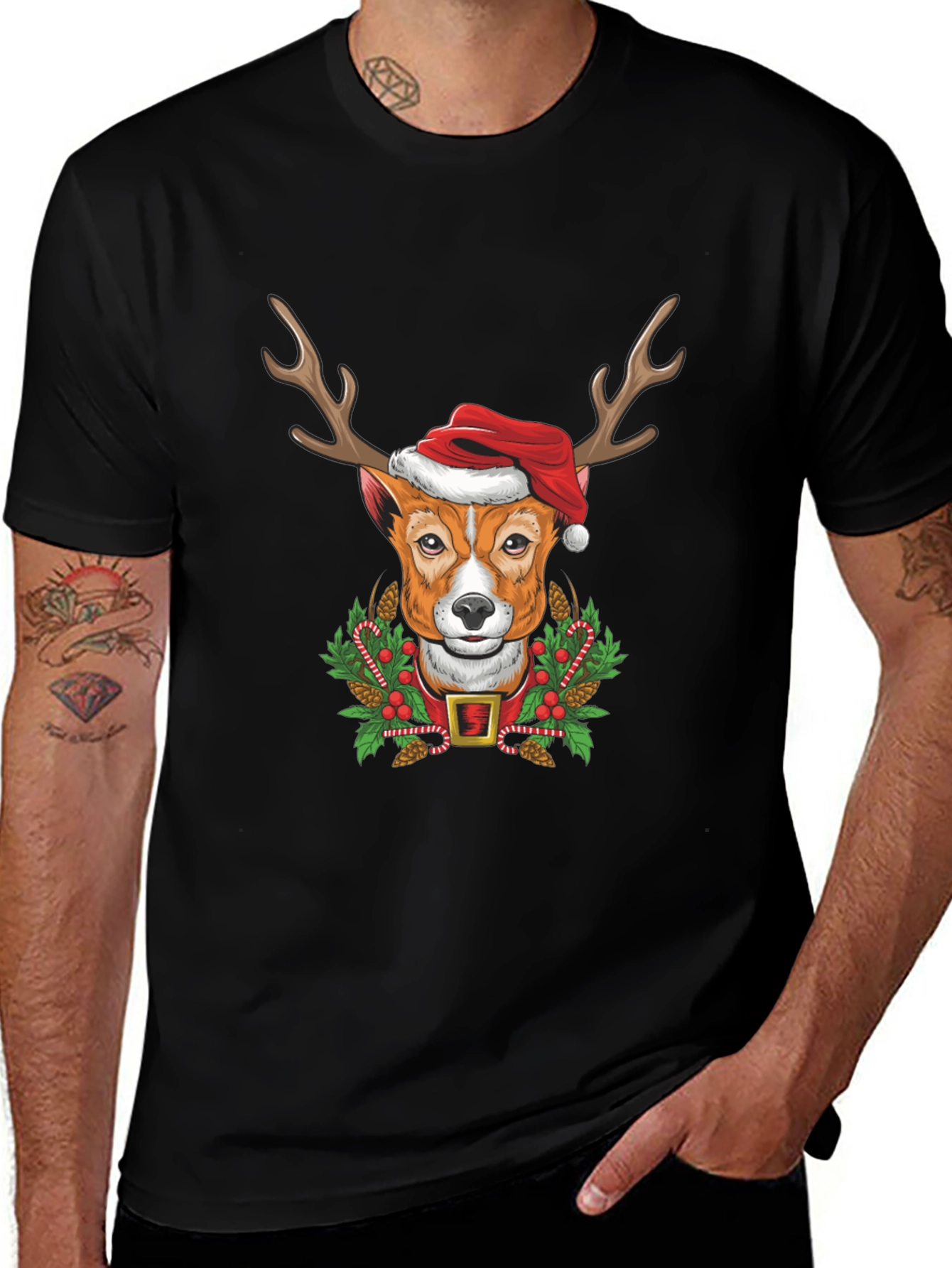 Camiseta Hombre Diseño Navideño Perro Reno