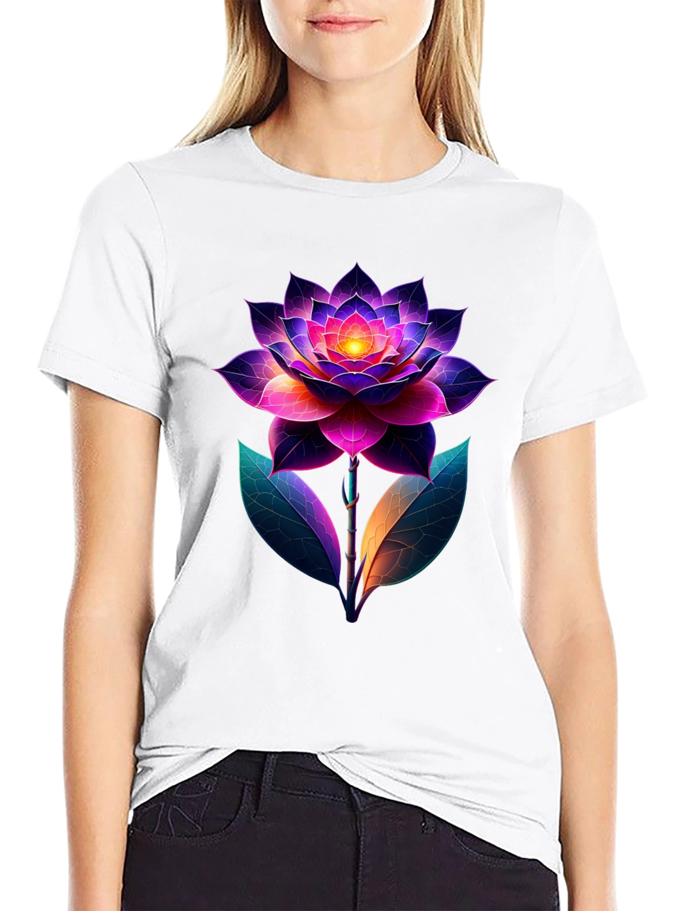 Camiseta Negra con Diseño Floral Neón Abstracto