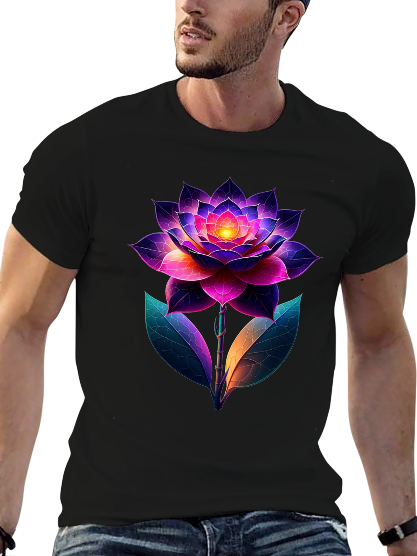 Camiseta Negra con Diseño Floral Neón Abstracto