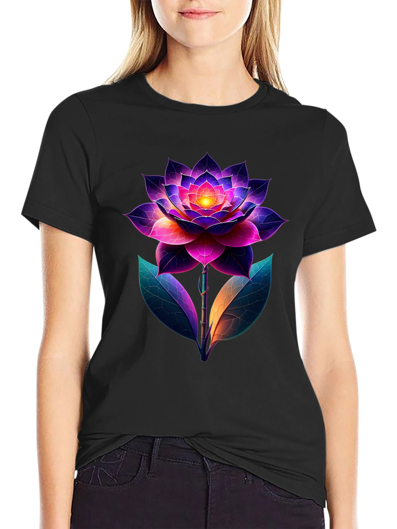 Camiseta Negra con Diseño Floral Neón Abstracto