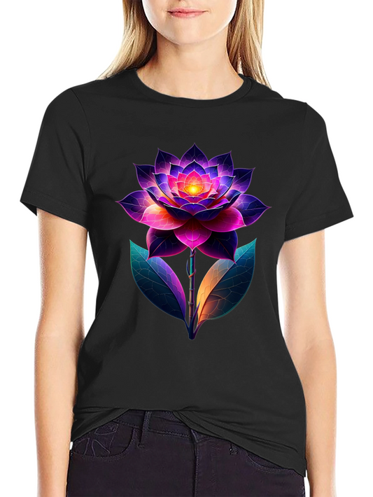 Camiseta Negra con Diseño Floral Neón Abstracto
