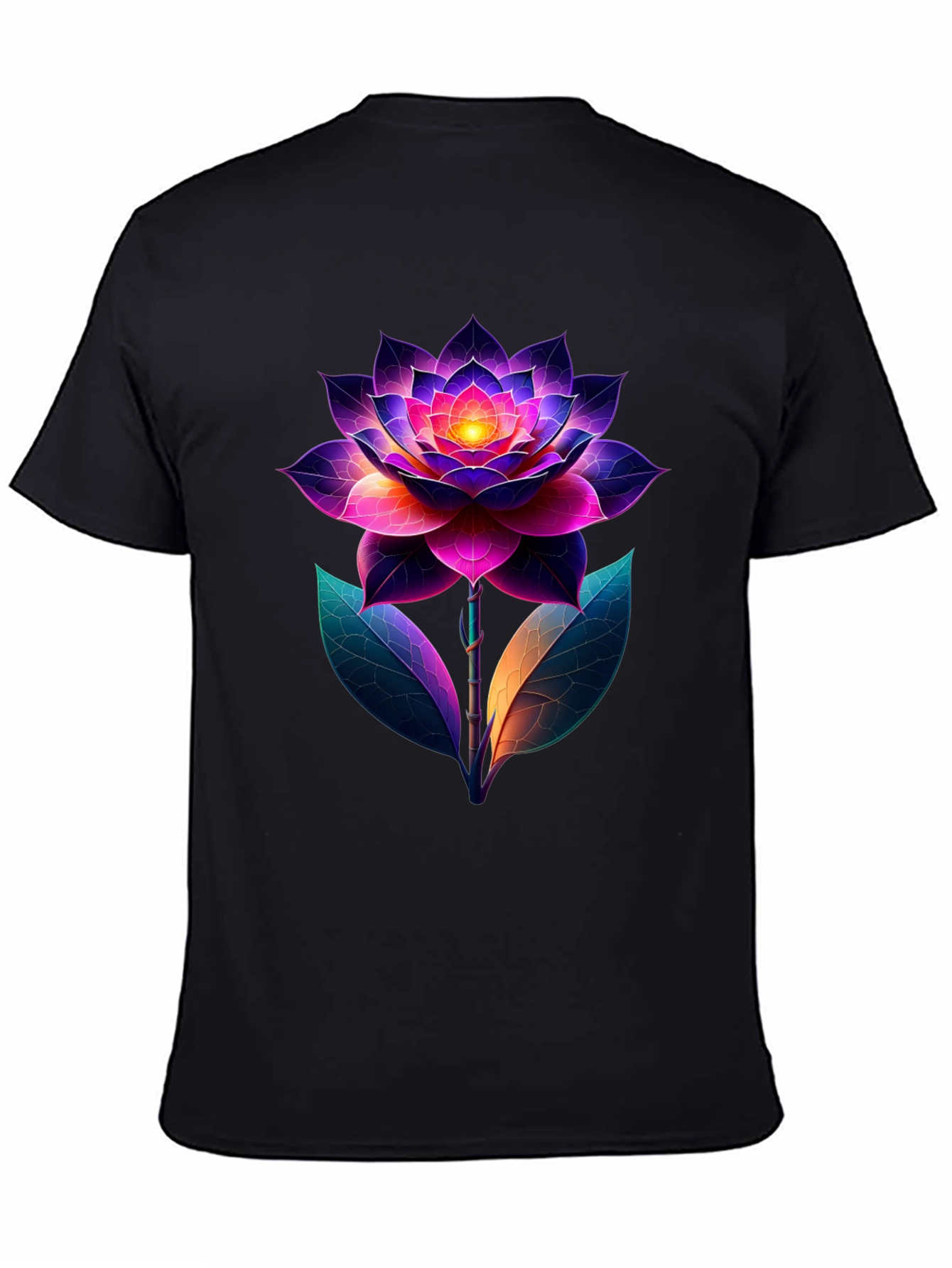 Camiseta Negra con Diseño Floral Neón Abstracto