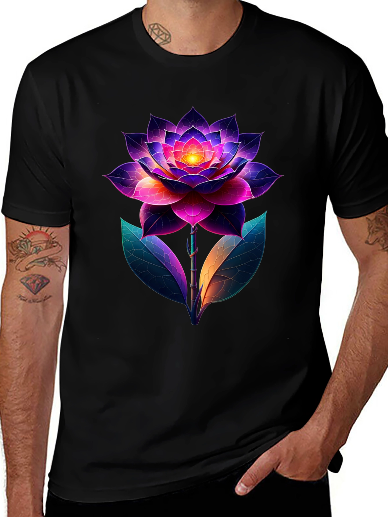 Camiseta Negra con Diseño Floral Neón Abstracto