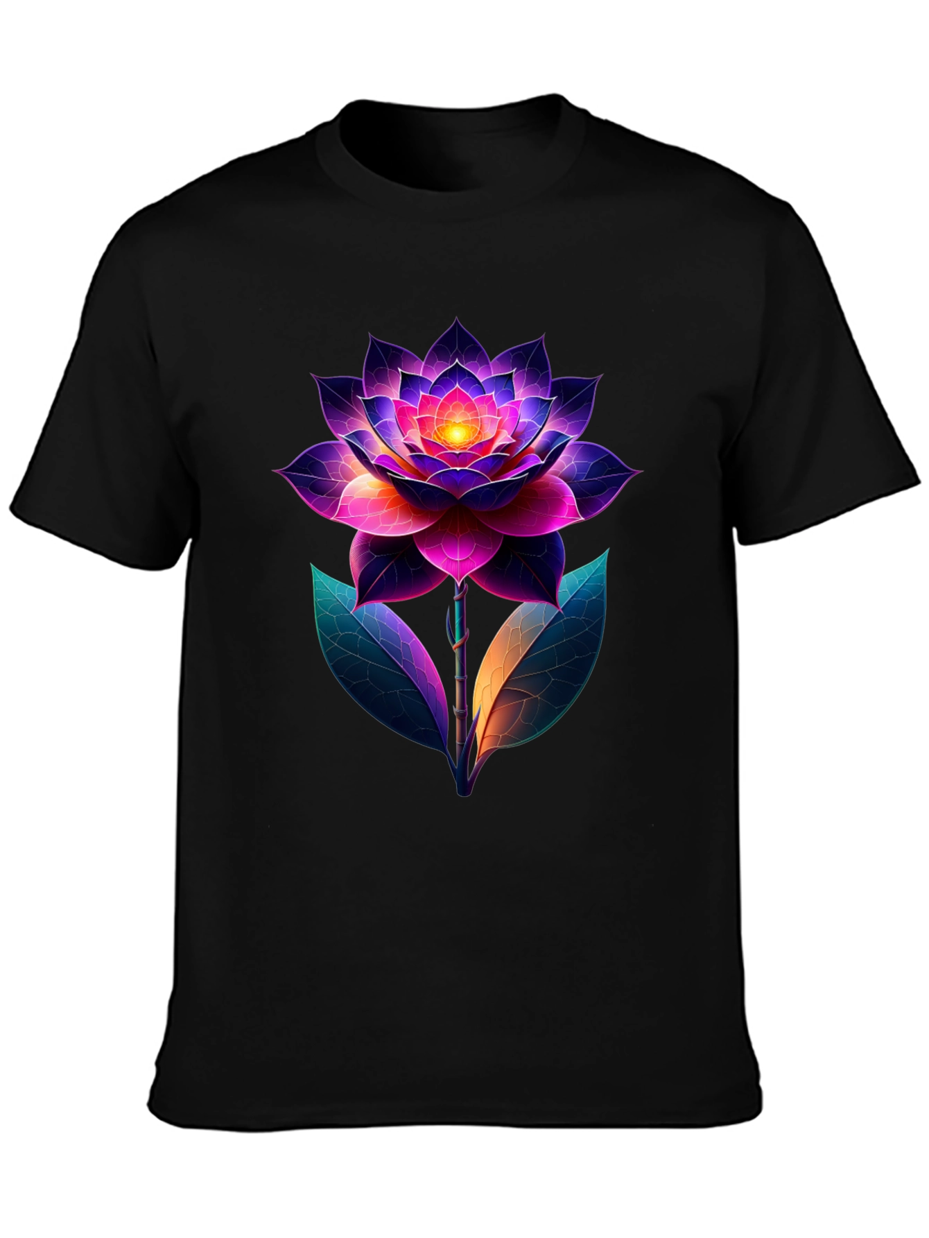 Camiseta Negra con Diseño Floral Neón Abstracto