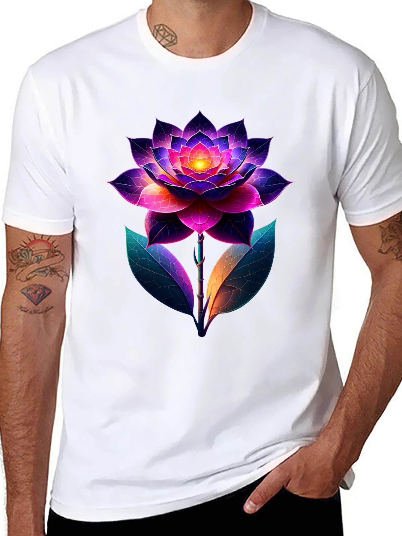 Camiseta Negra con Diseño Floral Neón Abstracto