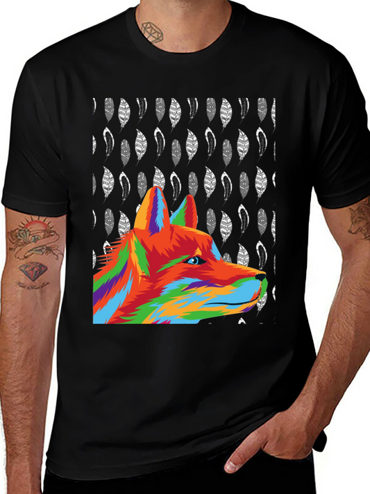 Camiseta Negra con Diseño de Lobo Colorido