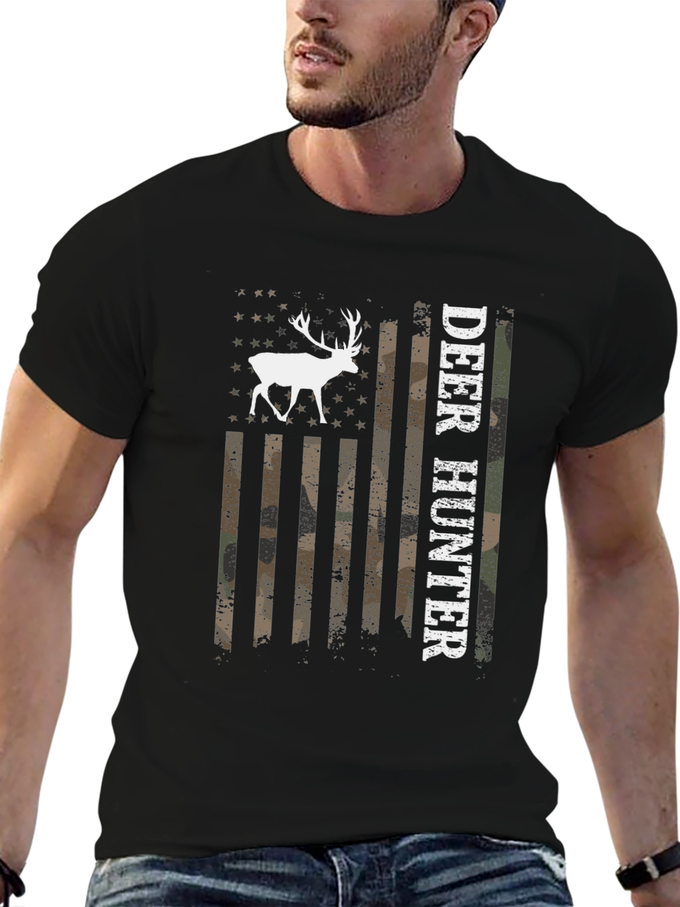 Camiseta Negra Cazador de Ciervos Bandera Americana