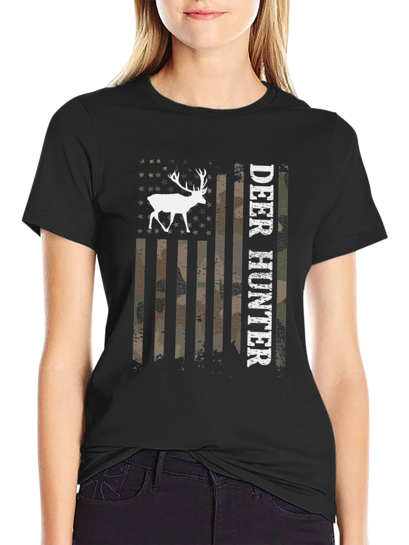 Camiseta Negra Cazador de Ciervos Bandera Americana