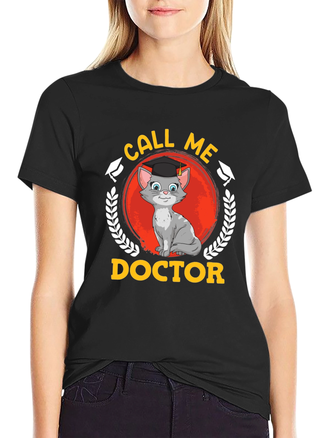 Camiseta Negra Llámame Doctor Gato Graduado