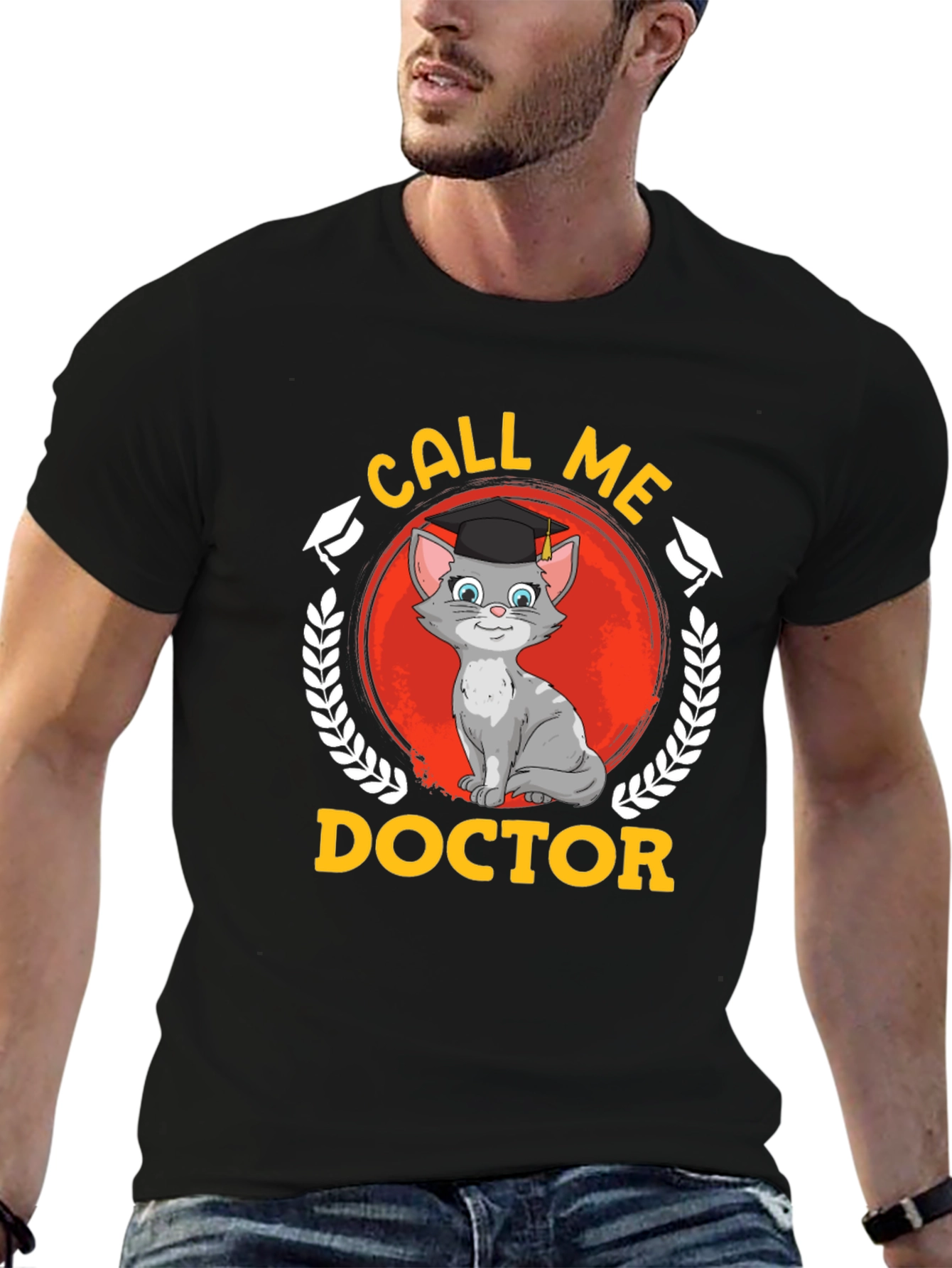 Camiseta Negra Llámame Doctor Gato Graduado