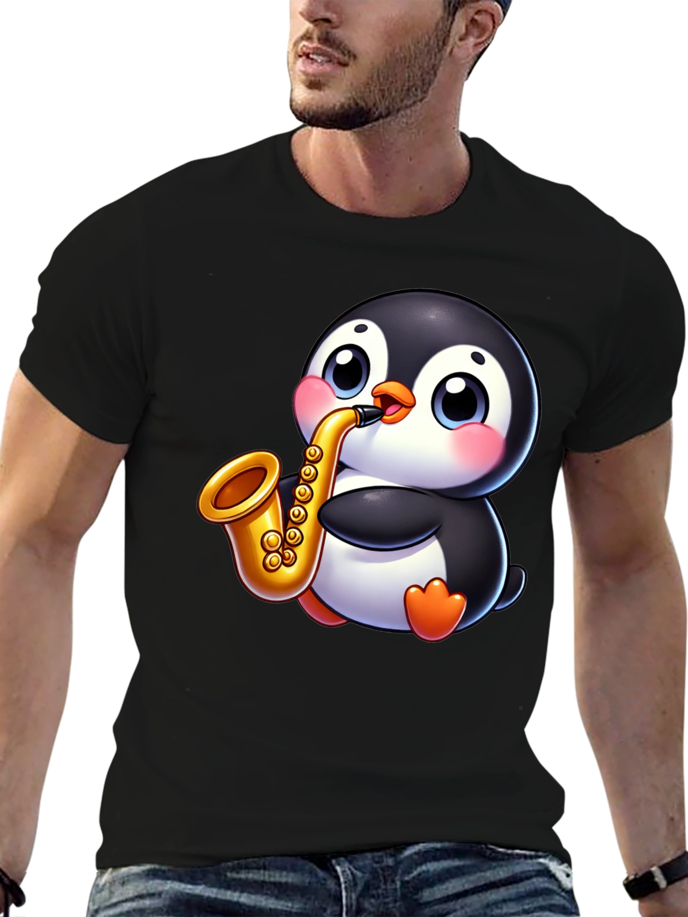 Camiseta Negra con Pingüino Músico