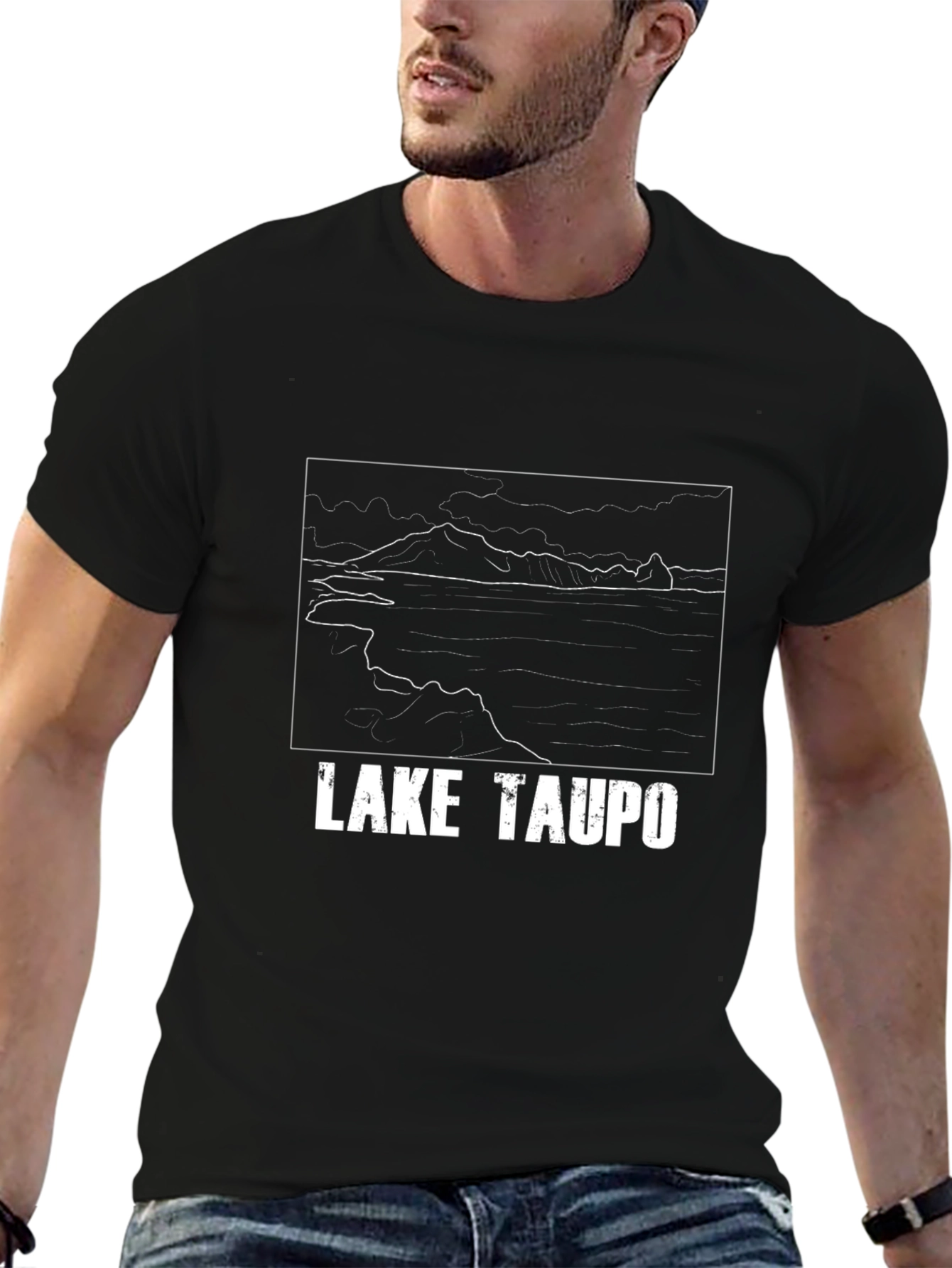 Camiseta Negra Gráfica Lake Taupo Hombre