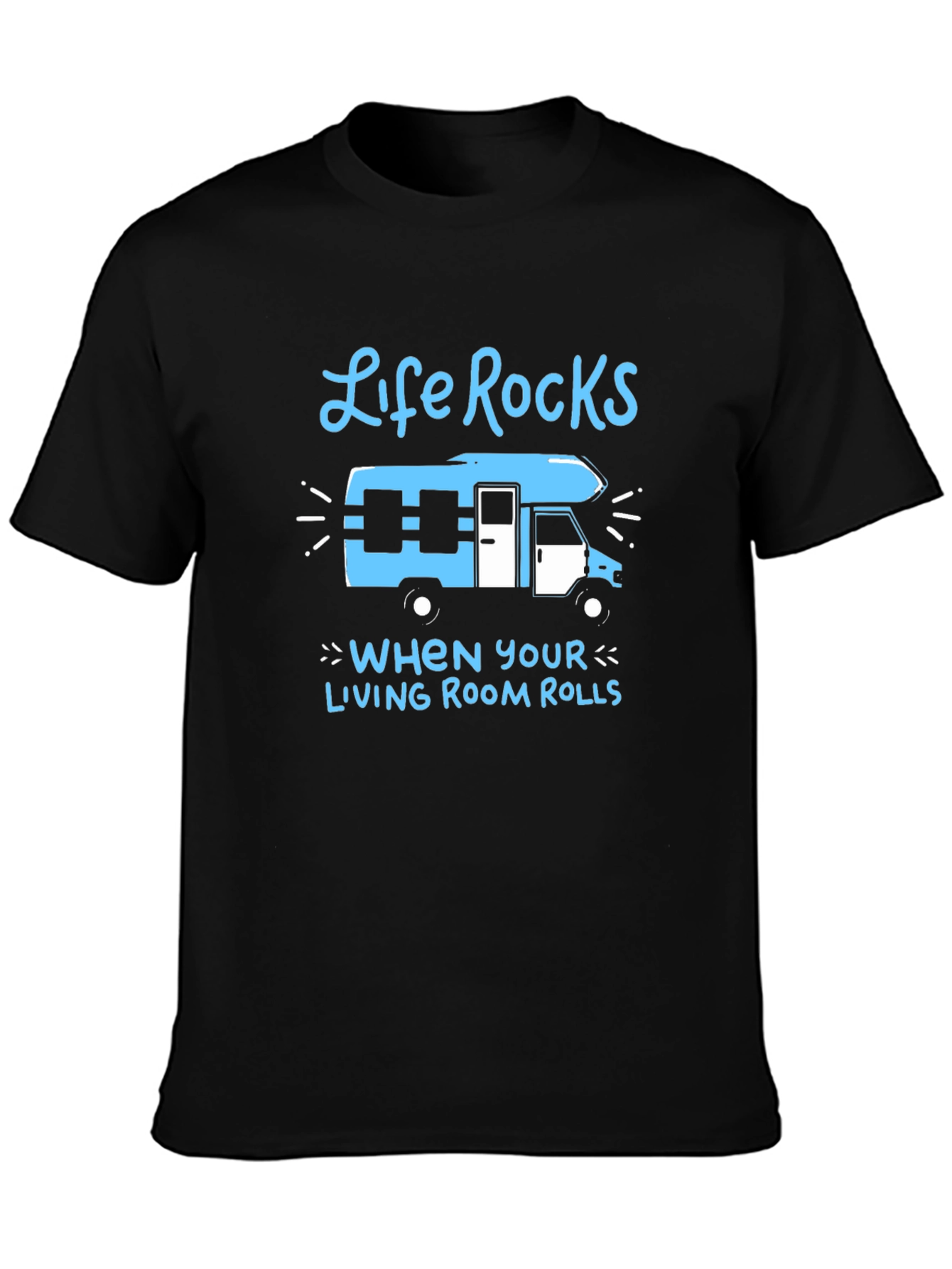 Camiseta Negra Life Rocks con Diseño de Autocaravana
