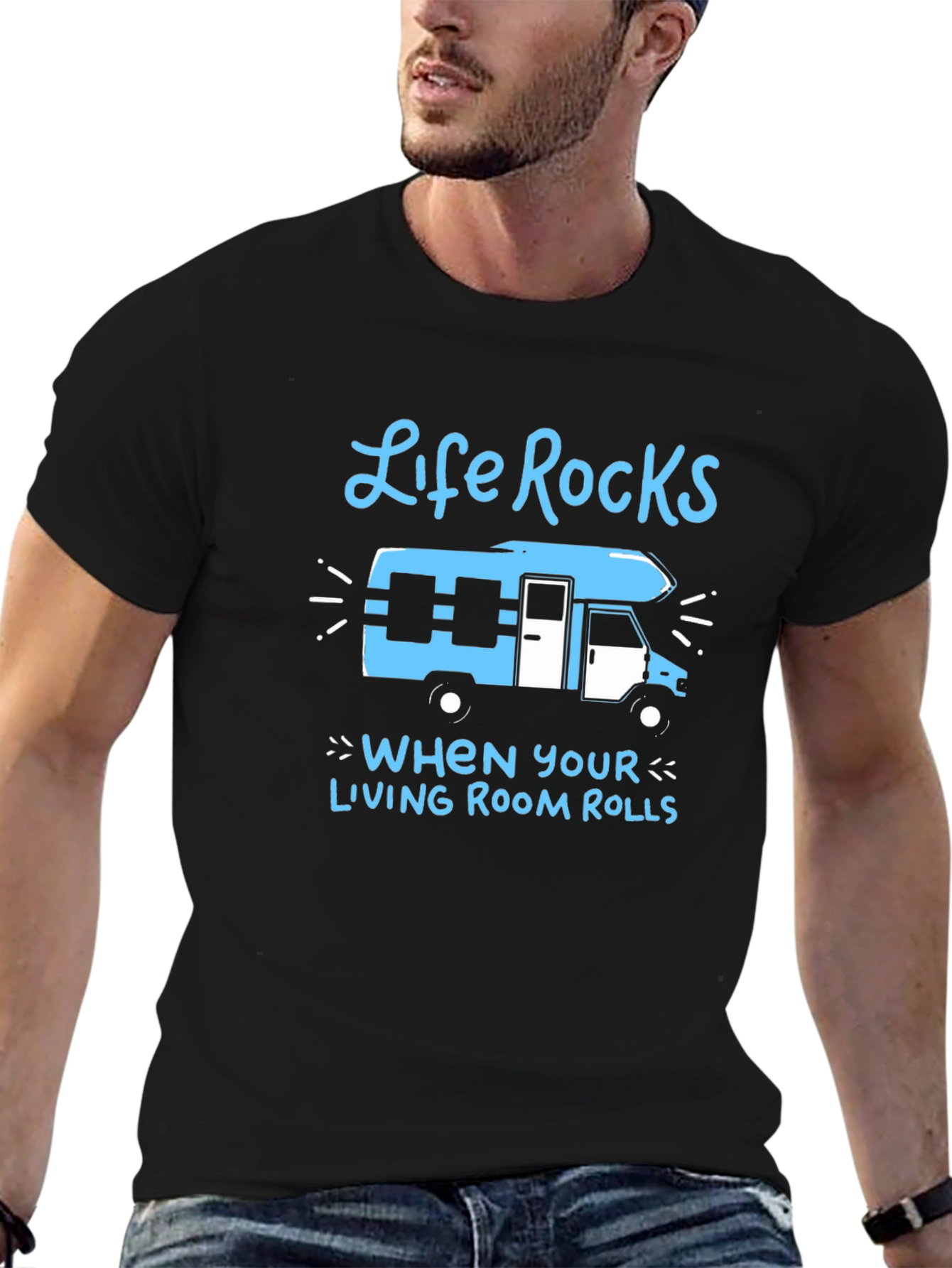 Camiseta Negra Life Rocks con Diseño de Autocaravana