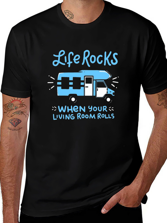 Camiseta Negra Life Rocks con Diseño de Autocaravana