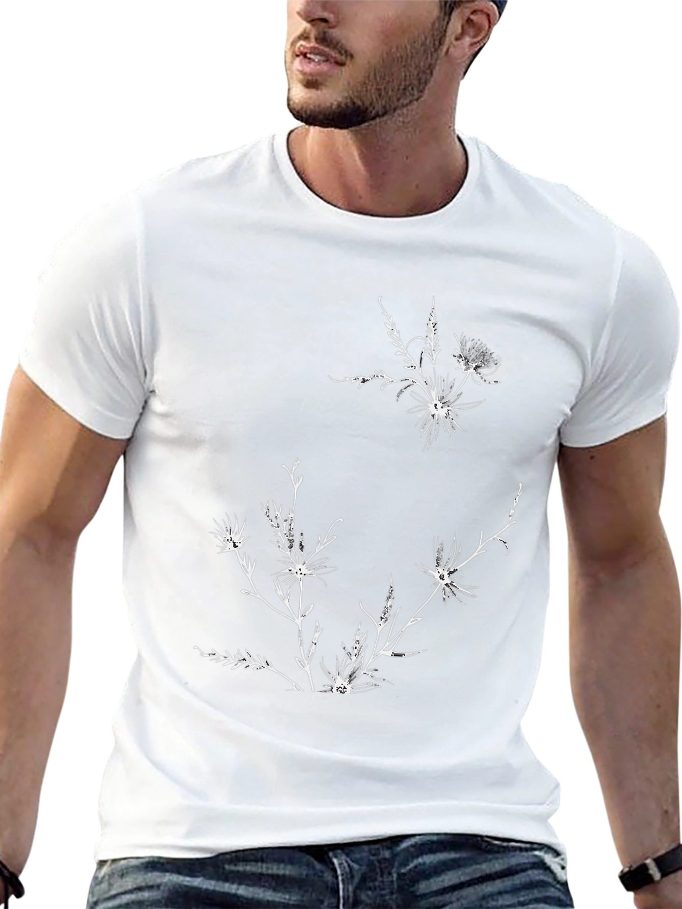 Camiseta Negra con Diseño Floral Blanco
