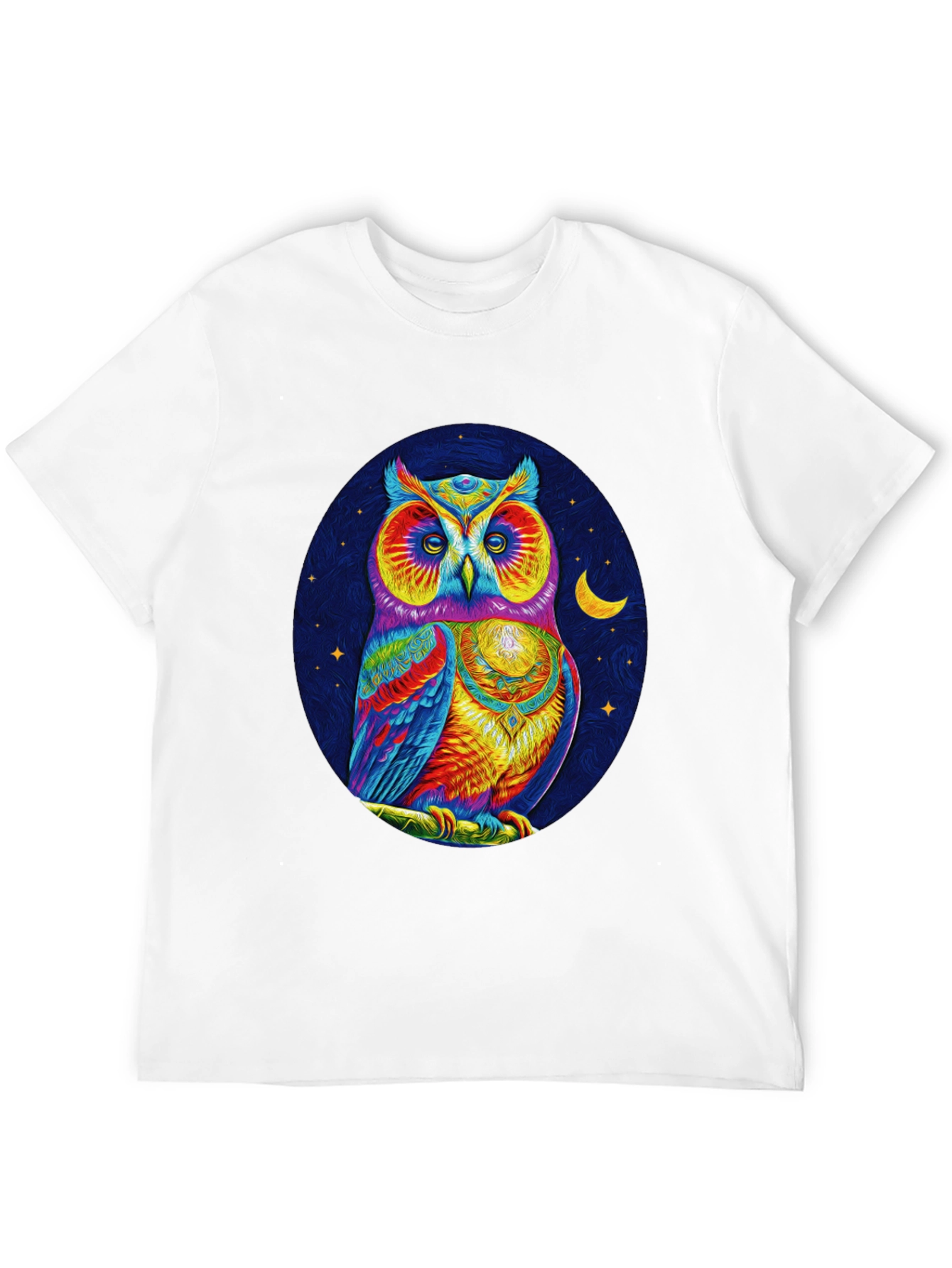 Camiseta Negra con Estampado de Búho Psicodélico