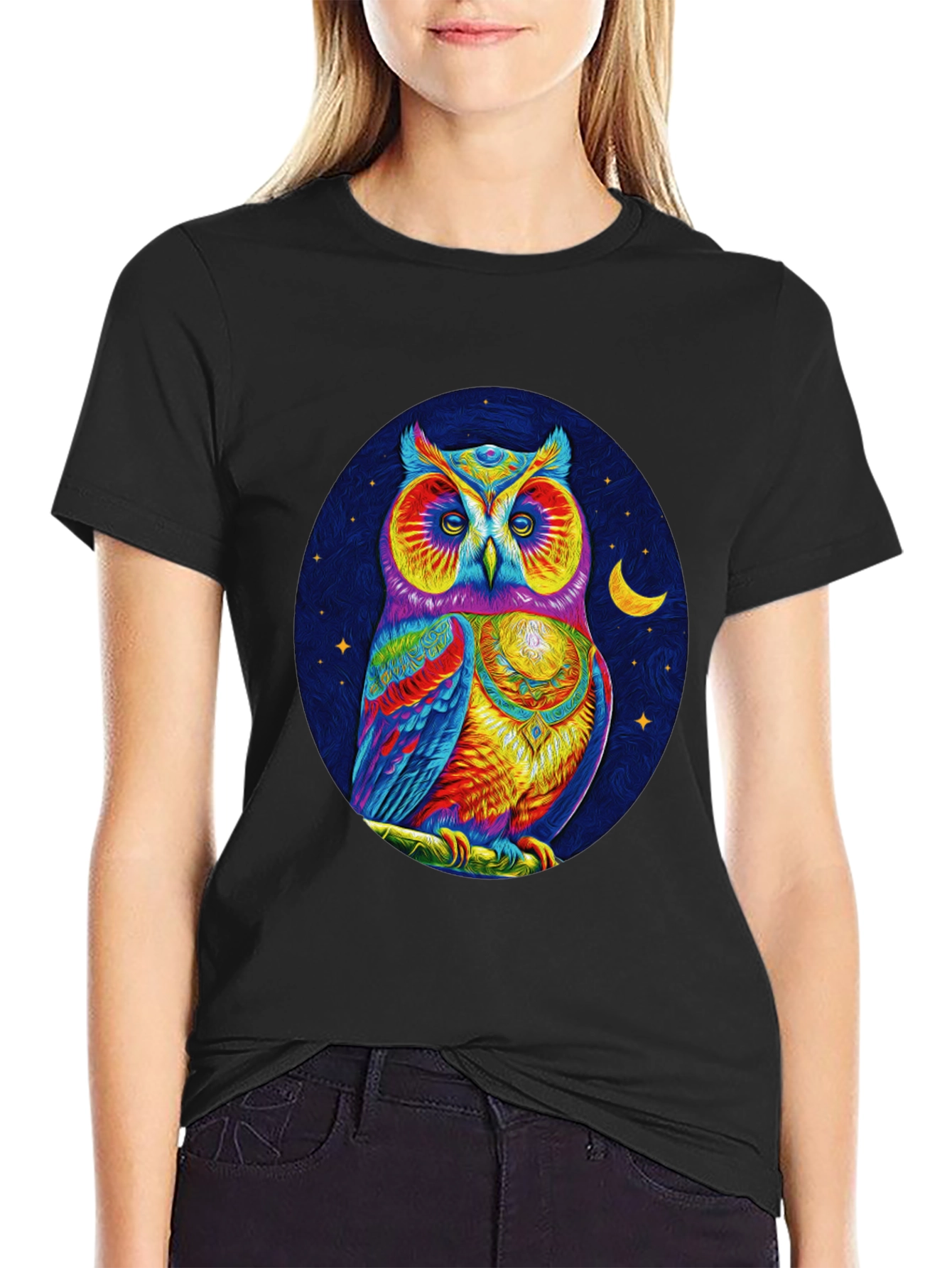 Camiseta Negra con Estampado de Búho Psicodélico