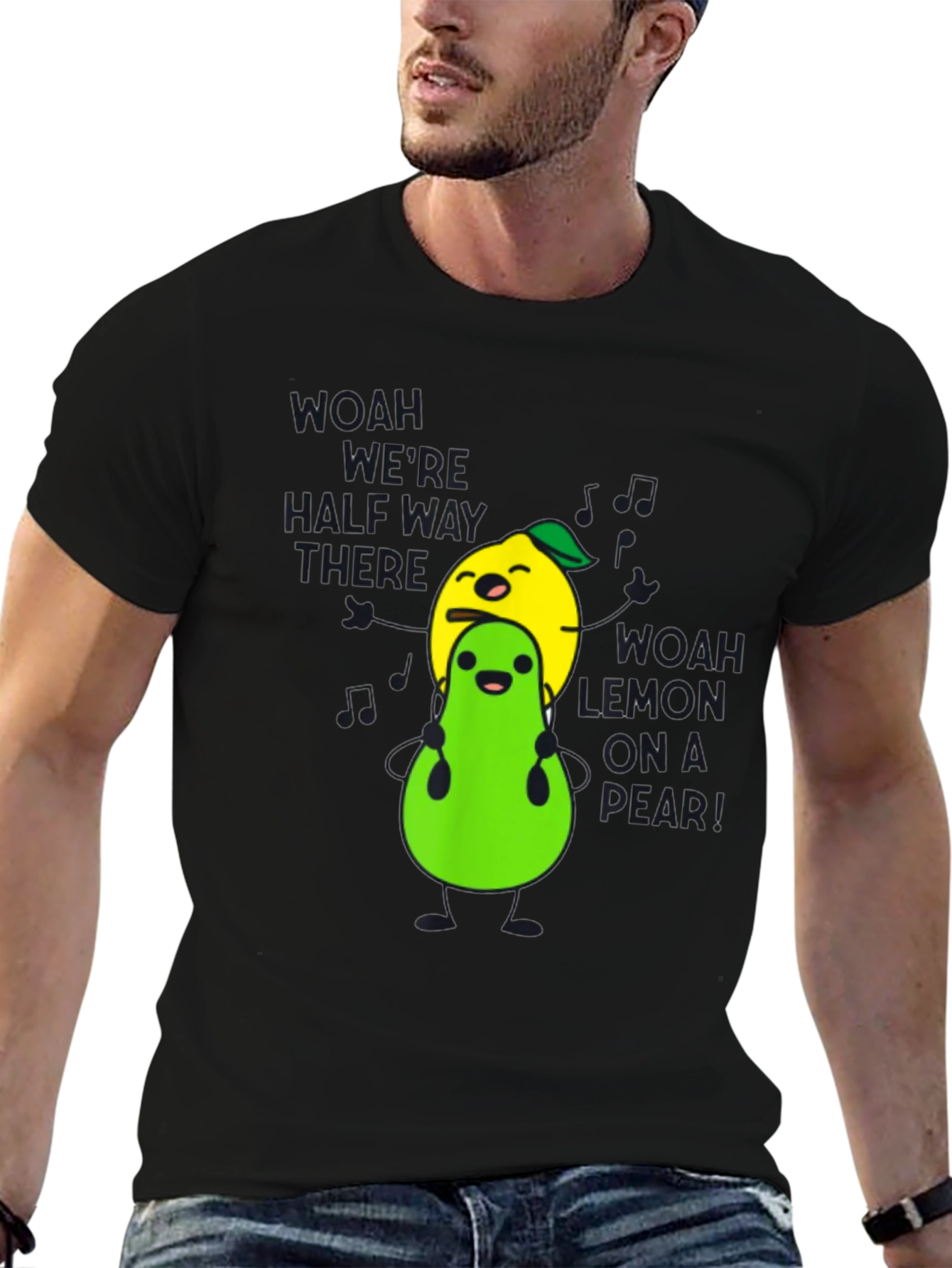 Camiseta Negra con Diseño Divertido de Limón y Pera
