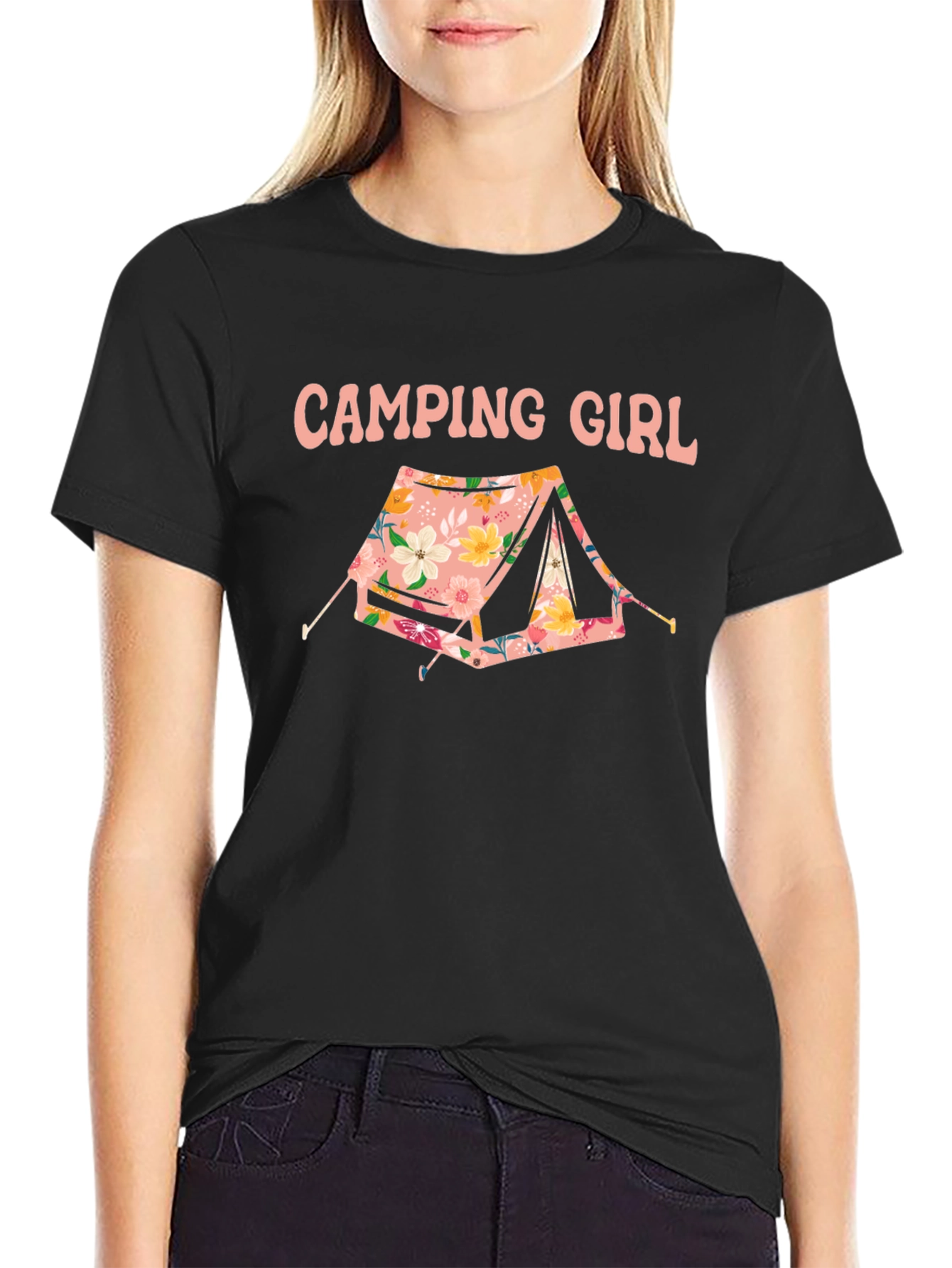 Camiseta Negra Camping Girl Floral