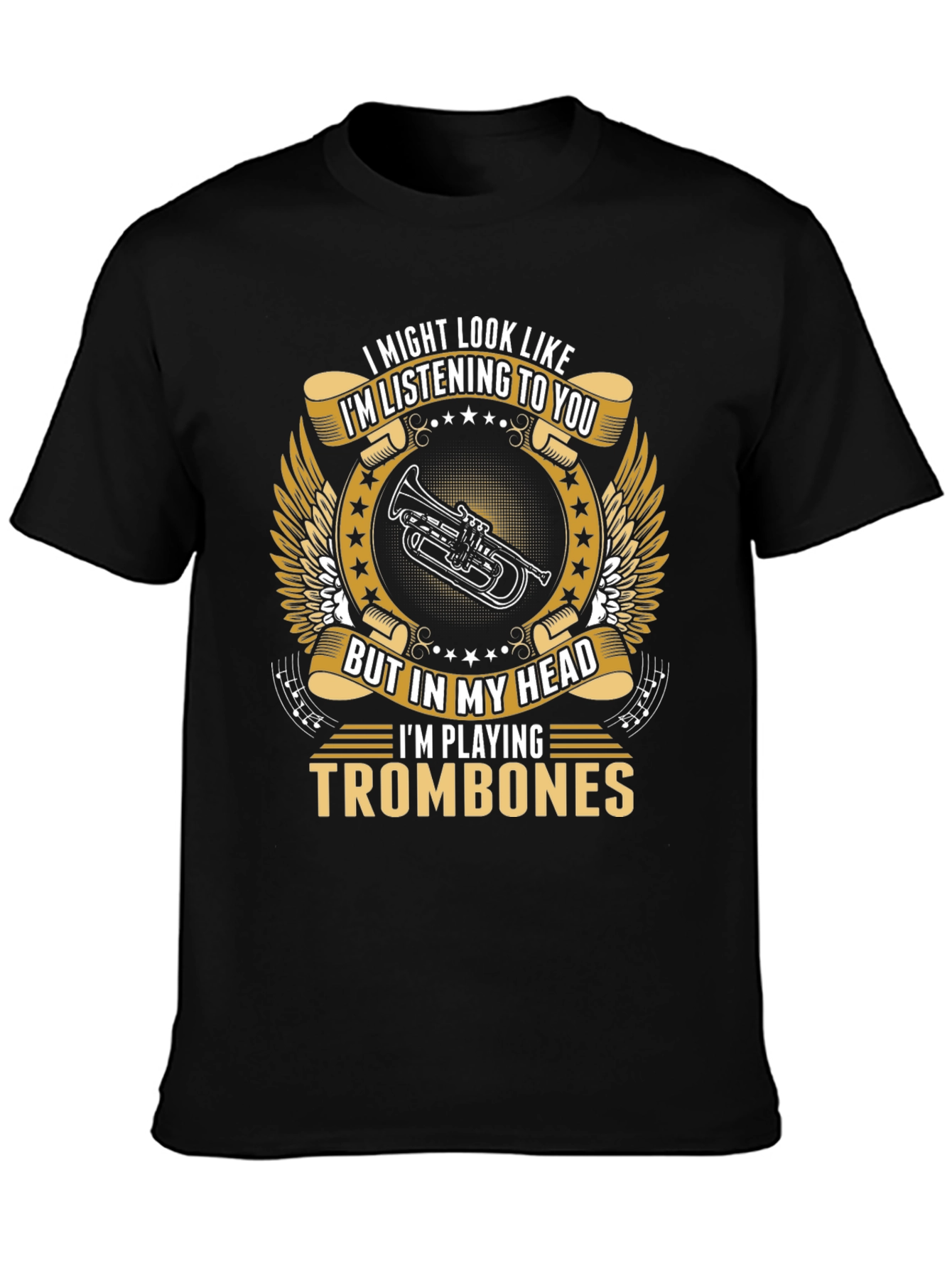Camiseta Negra con Diseño de Trombones