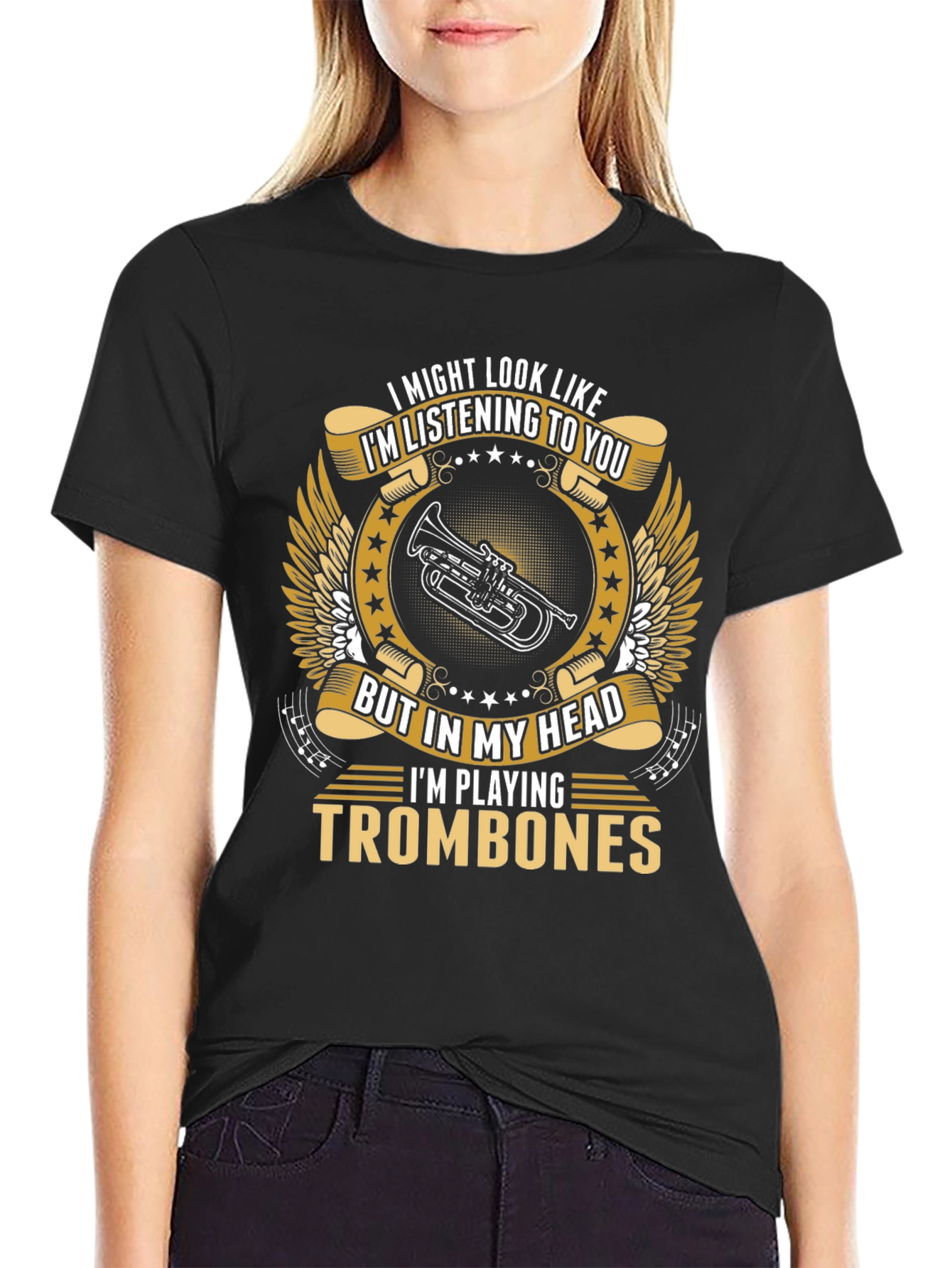 Camiseta Negra con Diseño de Trombones