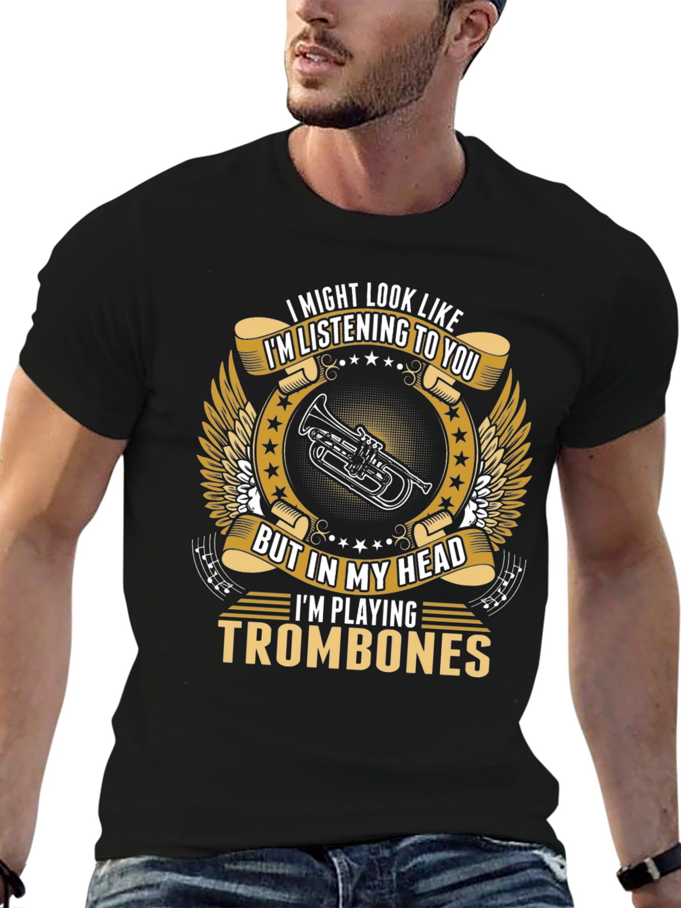 Camiseta Negra con Diseño de Trombones
