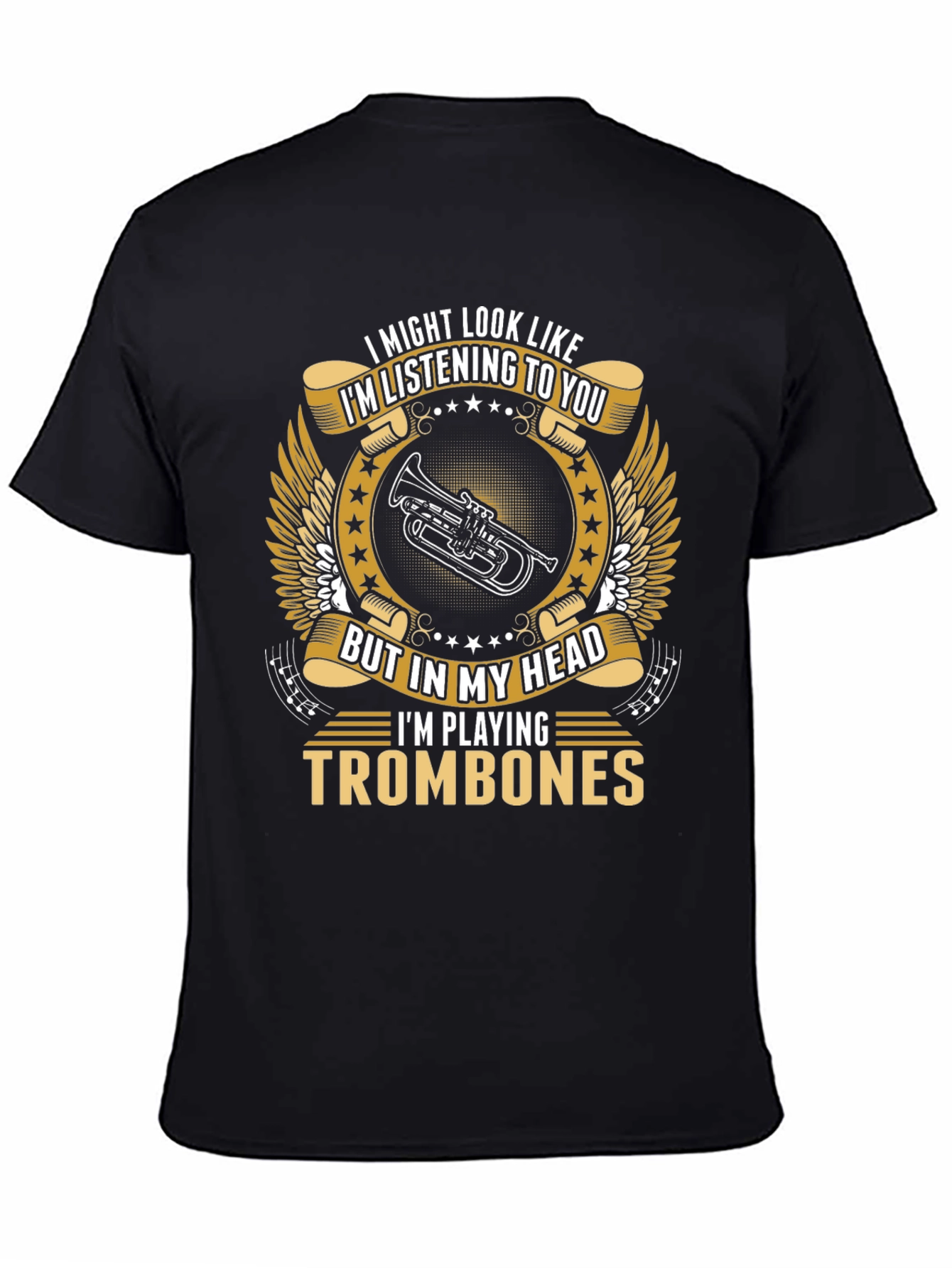 Camiseta Negra con Diseño de Trombones