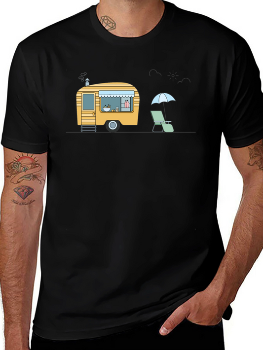 Camiseta Negra con Diseño de Caravana Retro y Playa