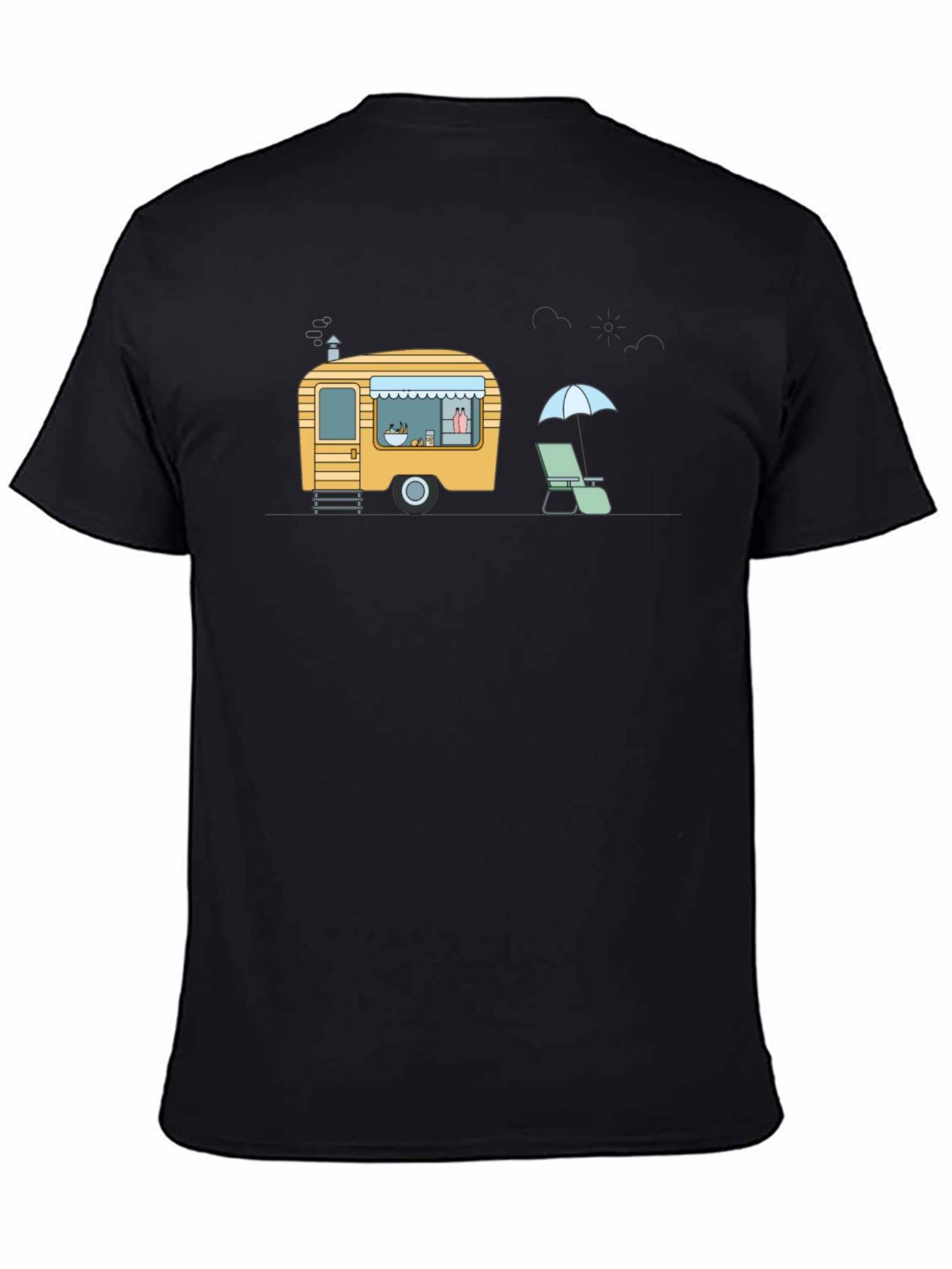 Camiseta Negra con Diseño de Caravana Retro y Playa