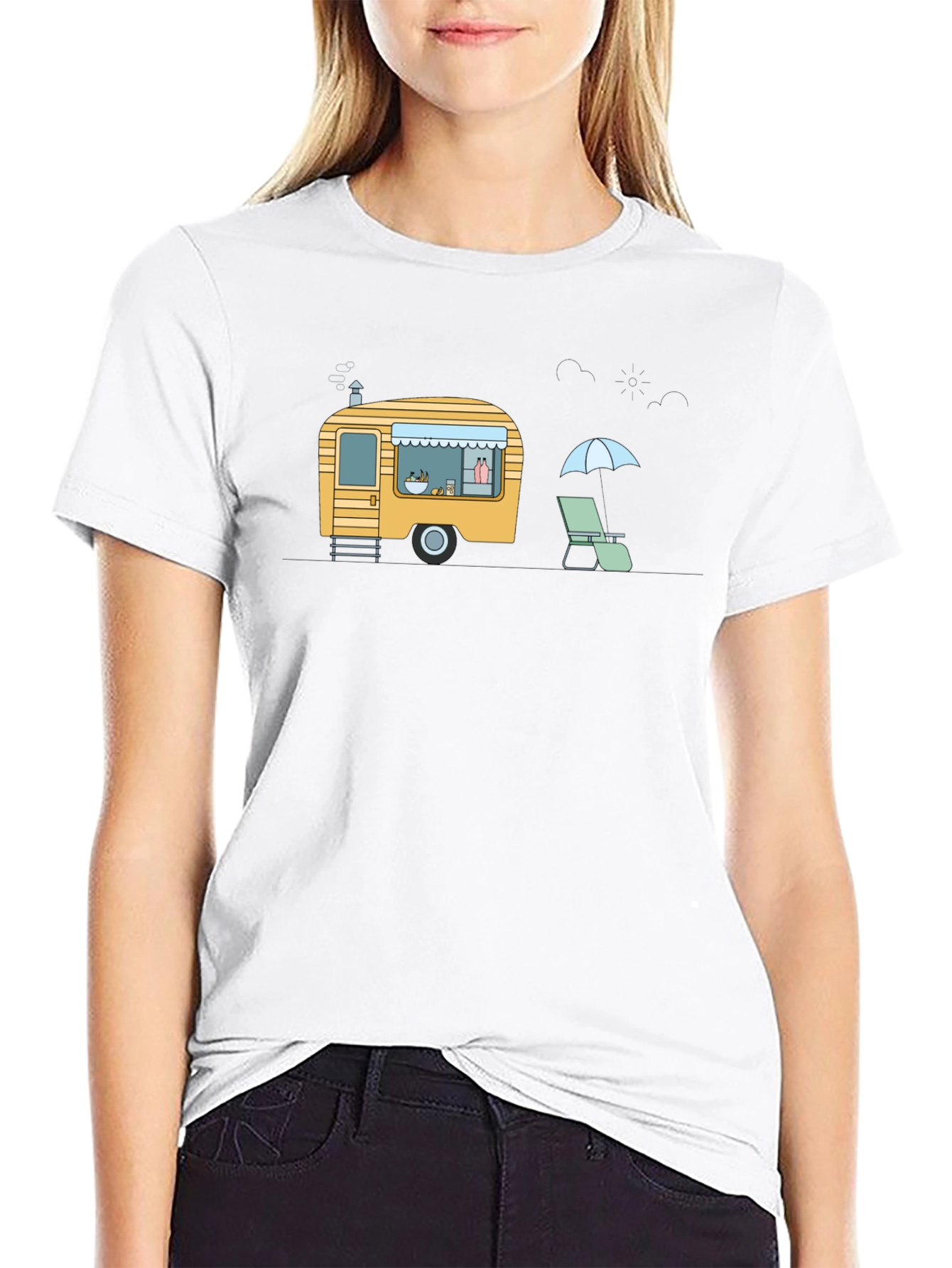 Camiseta Negra con Diseño de Caravana Retro y Playa