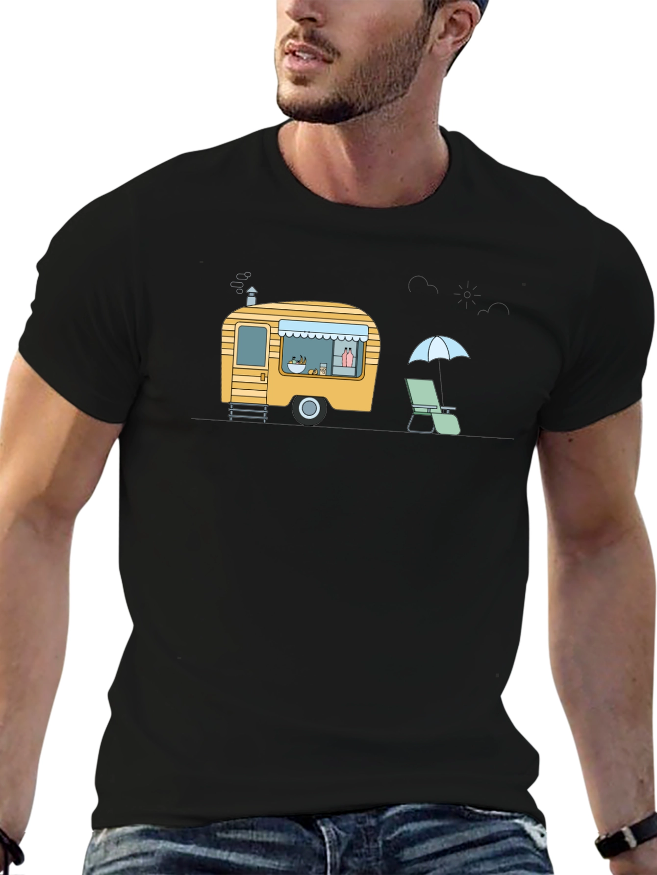 Camiseta Negra con Diseño de Caravana Retro y Playa