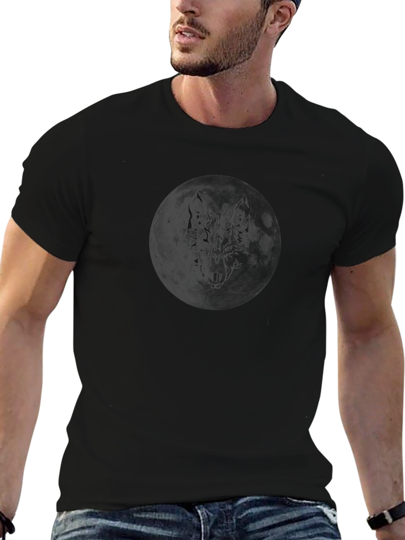 Camiseta Negra con Diseño de Lobo Lunar