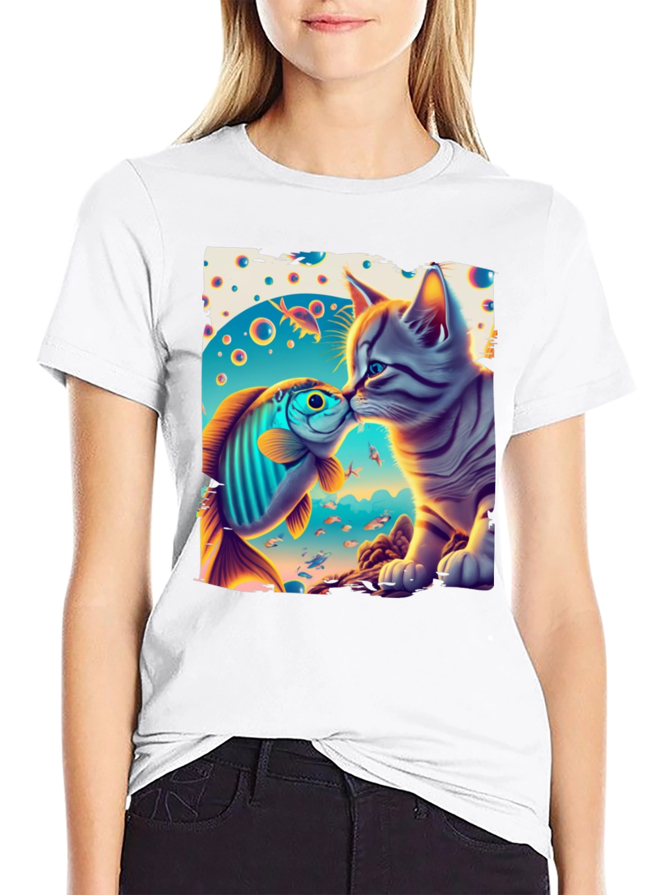 Camiseta Negra con Diseño Gato y Pez Besándose